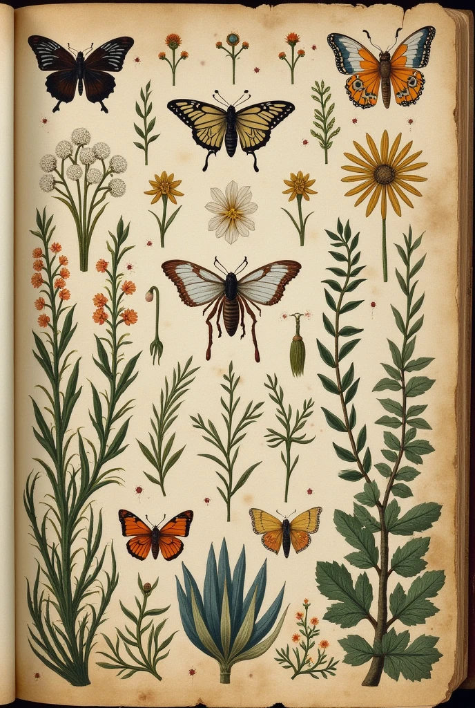 Cadre, enluminures, motifs plantes médicinales et fleur,  subtile,style Renaissance, parchemins médiéval, les riches heures d'Anne de Bretagne, insectes, papillons, chenille, détails, style peinture a l'huile. 