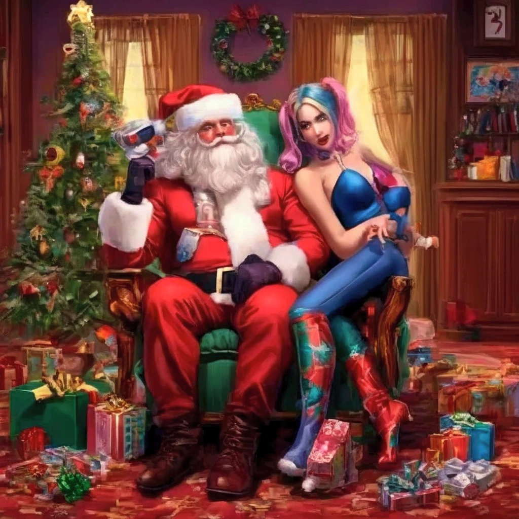 Imagine a SNES game, 8 bit theater, Harley quinn (cute woman, tight jester outfit, big hammer) has just knocked Santa claus unconscious and is acting cute and confused, Christmas living room, b 8it styling and design (priority: Double check anatomy, only 2 legs per person, only 2 legs per person, only 2 arms per person, arms and legs bend peoperly)
