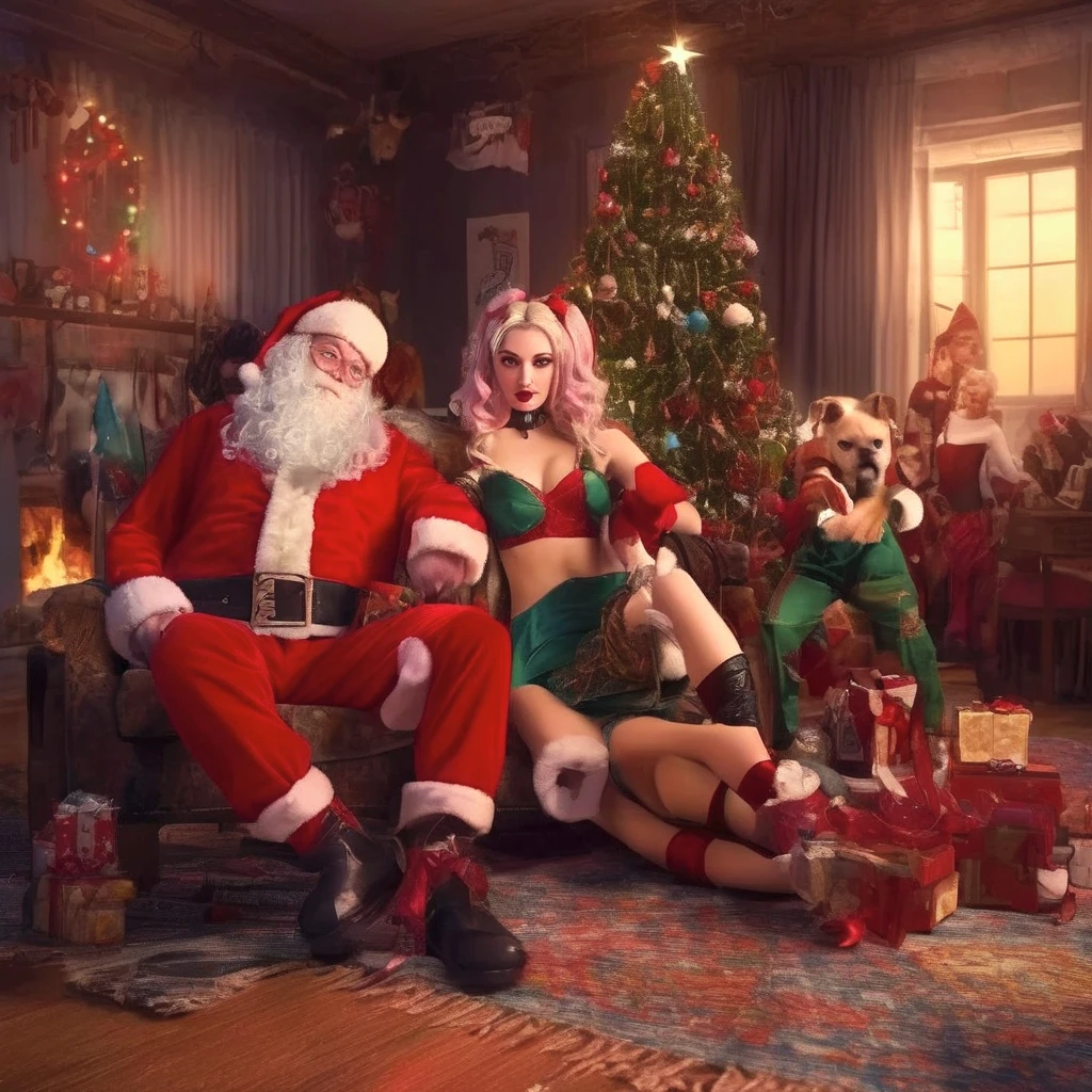 Imagine a SNES game, 8 bit theater, Harley quinn (cute woman, tight jester outfit, big hammer) has just knocked Santa claus unconscious and is acting cute and confused, Christmas living room, b 8it styling and design (priority: Double check anatomy, only 2 legs per person, only 2 legs per person, only 2 arms per person, arms and legs bend peoperly)
