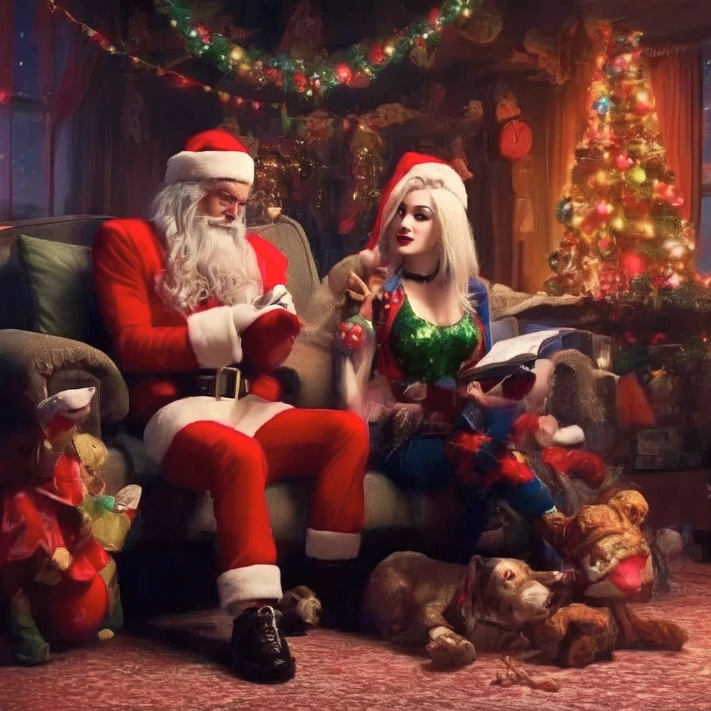 Imagine a SNES game, 8 bit theater, Harley quinn (cute woman, tight jester outfit, big hammer) has just knocked Santa claus unconscious and is acting cute and confused, Christmas living room, b 8it styling and design (priority: Double check anatomy, only 2 legs per person, only 2 legs per person, only 2 arms per person, arms and legs bend peoperly)
