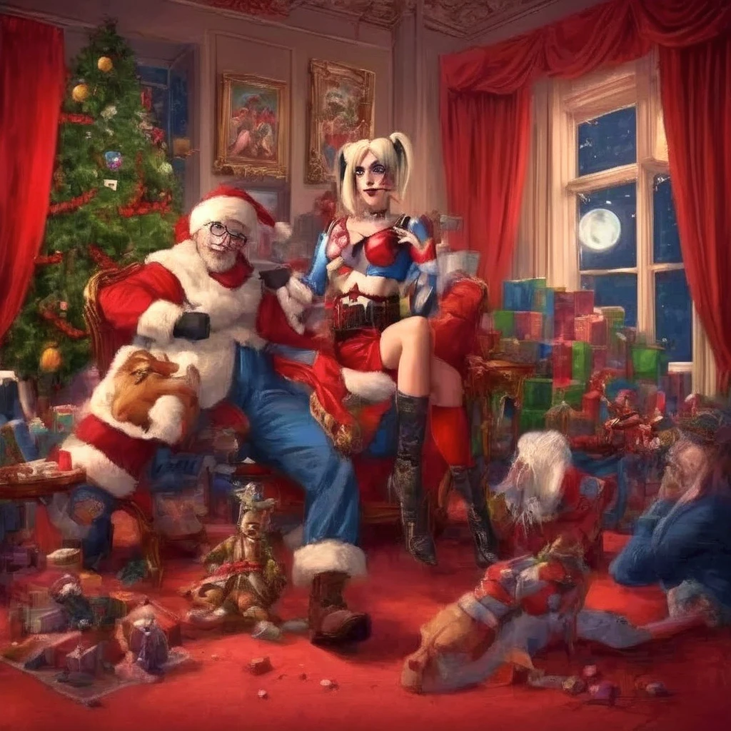 Imagine a SNES game, 8 bit theater, Harley quinn (cute woman, tight jester outfit, big hammer) has just knocked Santa claus unconscious and is acting cute and confused, Christmas living room, b 8it styling and design (priority: Double check anatomy, only 2 legs per person, only 2 legs per person, only 2 arms per person, arms and legs bend peoperly)
