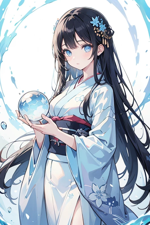 A beautiful girl full of transparency with long black hair and clear blue eyes like glass balls, Dressed in a transparent kimono ,Overall light blue