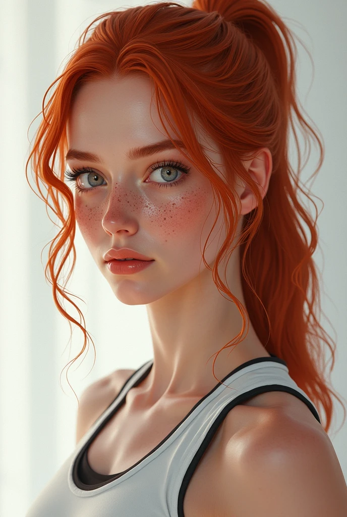 Beautiful [woman with fiery red, messy bun hairstyle] and sparks behind his, in the style of Alessio Albi, bokeh, [light white and dark orange], dotted, uhd image, serene faces