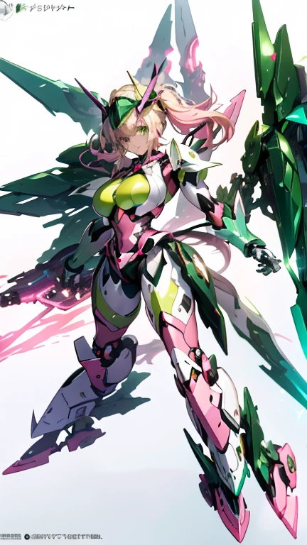 akatsuki kirika:0.6,green eyes,blonde hair,x hair ornament,(gigantic breasts:1.2),
BREAK
(Gundam girl:1.2),(mecha:1.2),(((robot))),(((Goddess Mecha:1.2))),クシャトリア バインダー ４枚,
BREAK
(((White background:1.4))),(whole body:1.6),
BREAK
(Nature illustration spring:1, Art Book，Art Books:1.3, quilt art:1.2),( Reasonable design, clear lines, High Definition,best quality, Very detailed, Movie lighting effects, 4K ),(Mecha suit:1.5),(Cool illustration:1.5),(watercolor painting:1.2),(1girl:1.0),girl,Black and green pattern, fantasy, detailed picture,Cool smile,Cruel beauty,Gem-like green eyes, Very beautiful eyes, The face is rich in detail, green energy,(Glow pink: 1.5),Standing picture，Cool look,(Glowing pink between my breasts:1.6),
BREAK
(Tail binder on the side of the head:1.1),(((Tail binder))),(twin Tails binder:1.2),
(silver glowing mechanical wing),(heavy armor on shoulders),
