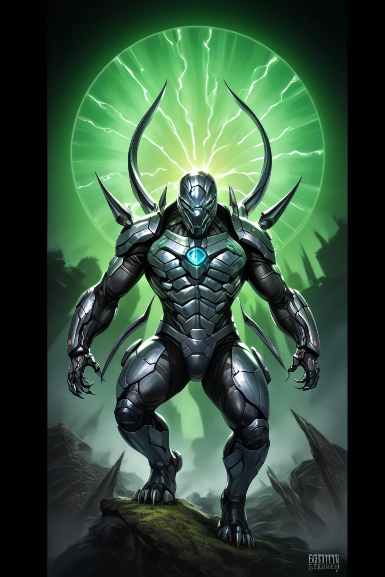 Hair: Long, wild, and silver, glowing faintly in dim light, with streaks of black like claw marks.
	•	Eyes: Golden and wolf-like, with a cybernetic iris overlay.
	•	Armor: A sleek, biomechanical exosuit blending ancient organic patterns with high-tech metal. The suit is matte black with glowing blue-green circuitry. Wolf-like claws and fangs are part of his design, and his helmet resembles a wolf’s head with retractable features.
	•	Aura: When powered up, a spectral wolf forms around him, glowing with vibrant green and purple energy.