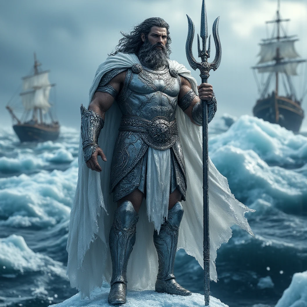 Imagine a close-up of Poseidon standing on a large iceberg. Dark gray hair and beard. He is donned in silver armor with a white cape. Stands with his trident staff in a dynamic godly pose. Ships on the sea are completely covered in thick ice. Icebergs dynamically clash together. High Resolution, Masterpiece, Digital Art, Character Design, Hyperdetailed, Depth Of Field, Image Fill, Cinematic Lighting, Close-Up