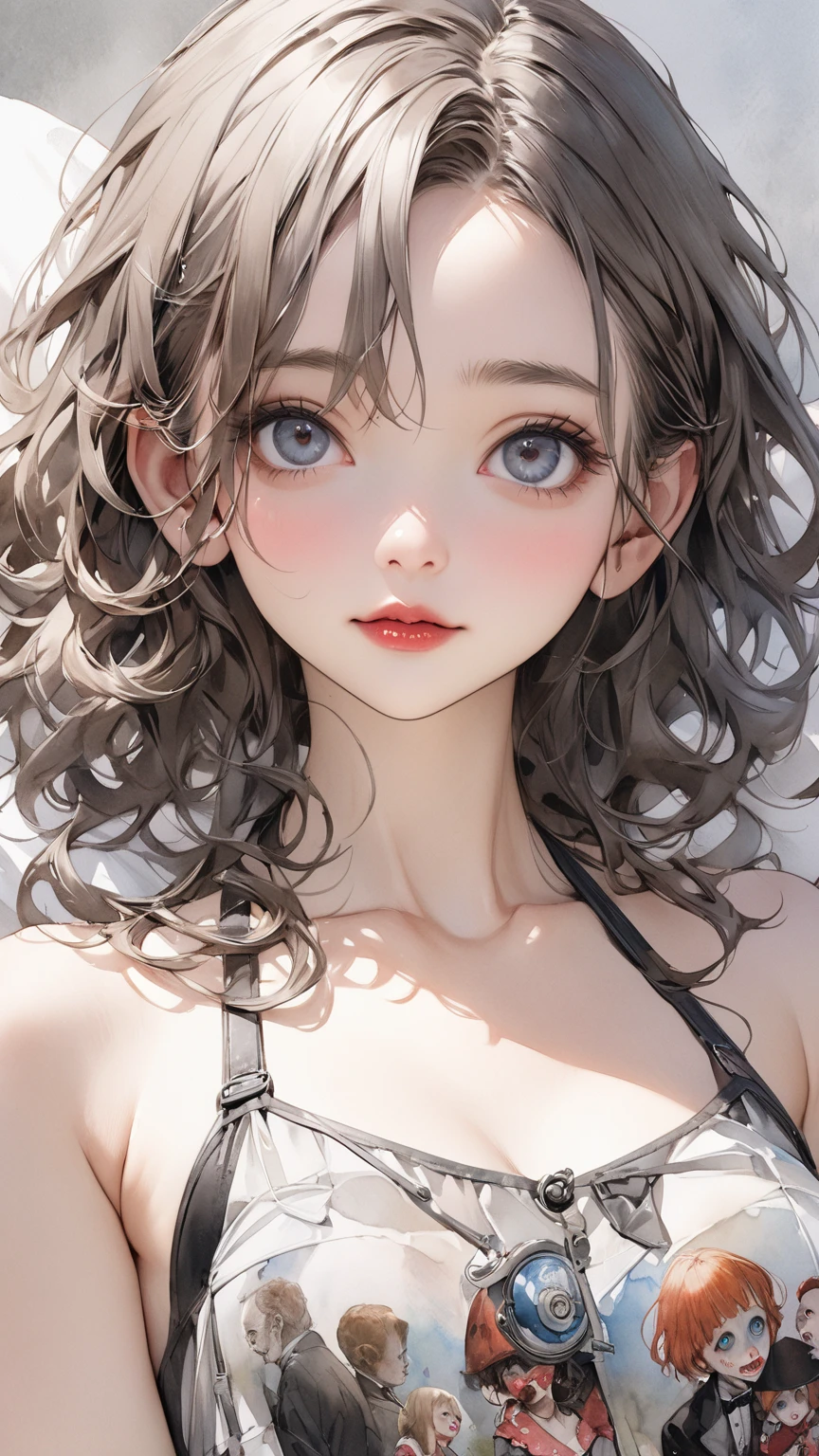 masterpiece, Highest quality, Pixiv, Cool girl, The Strongest Pirate Girl, topless, Lips in Love, Dark brown hair, Curly Hair, Blunt bangs, Straight bangs, Grey Eyes, White skin, Gal, Improve