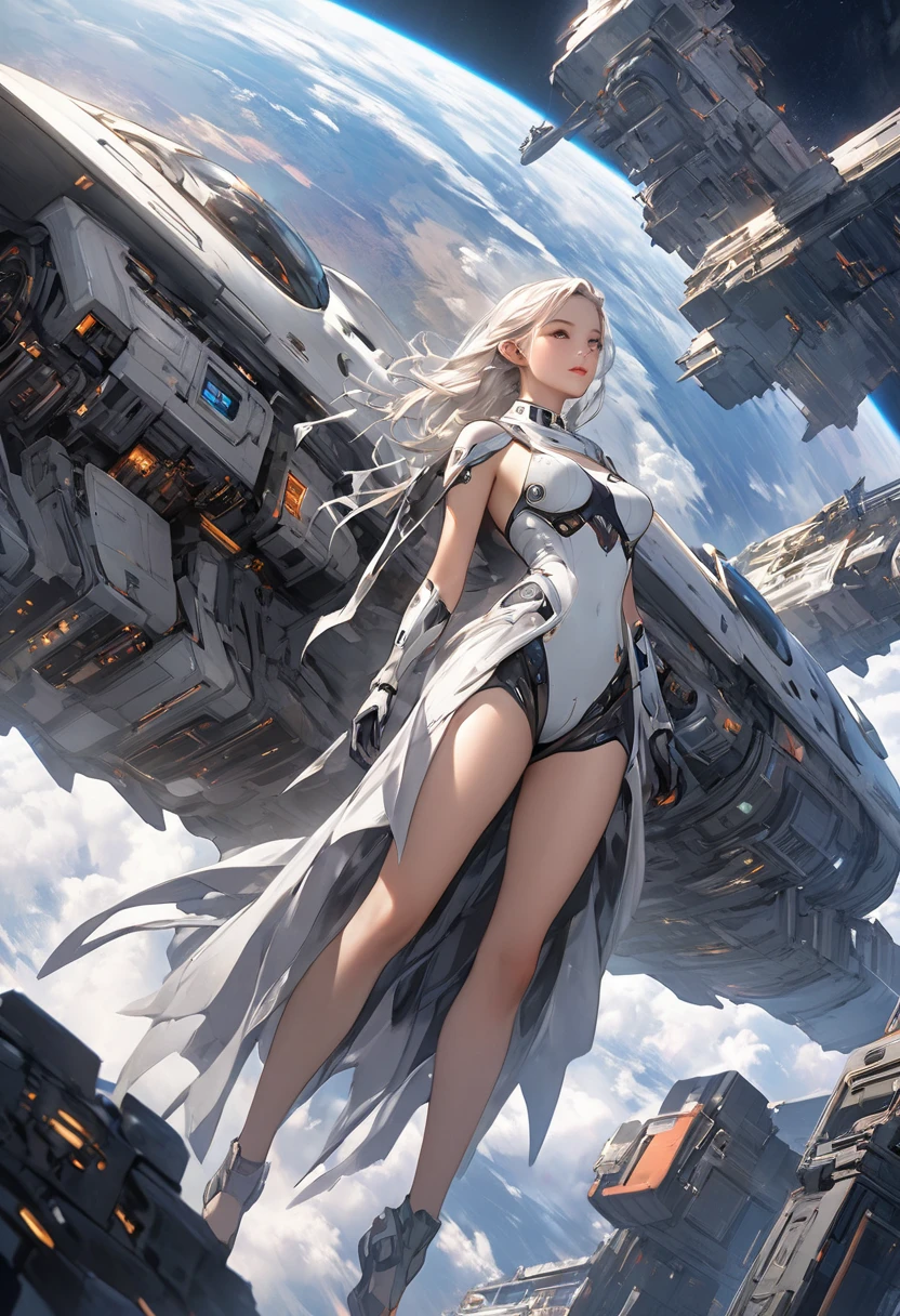 Shibuya、Hatsunemiku、(ultra realisic), (Space illustrations), (high resolucion), (8K), (highly detaild), (the best illustration), (Beautiful detailed eyes), (Best quality at best), (A highly detailed), (Masterpiece), (Space Wallpapers), (Detailed face), Solo、, 1 rapariga, Disheveled aristocratic space costume、White hair, Iris bichromatic eyes, small mole under eyes, Medium chest, Long leg、Amazing composition、Foot headbands、Beautiful and delicate legs