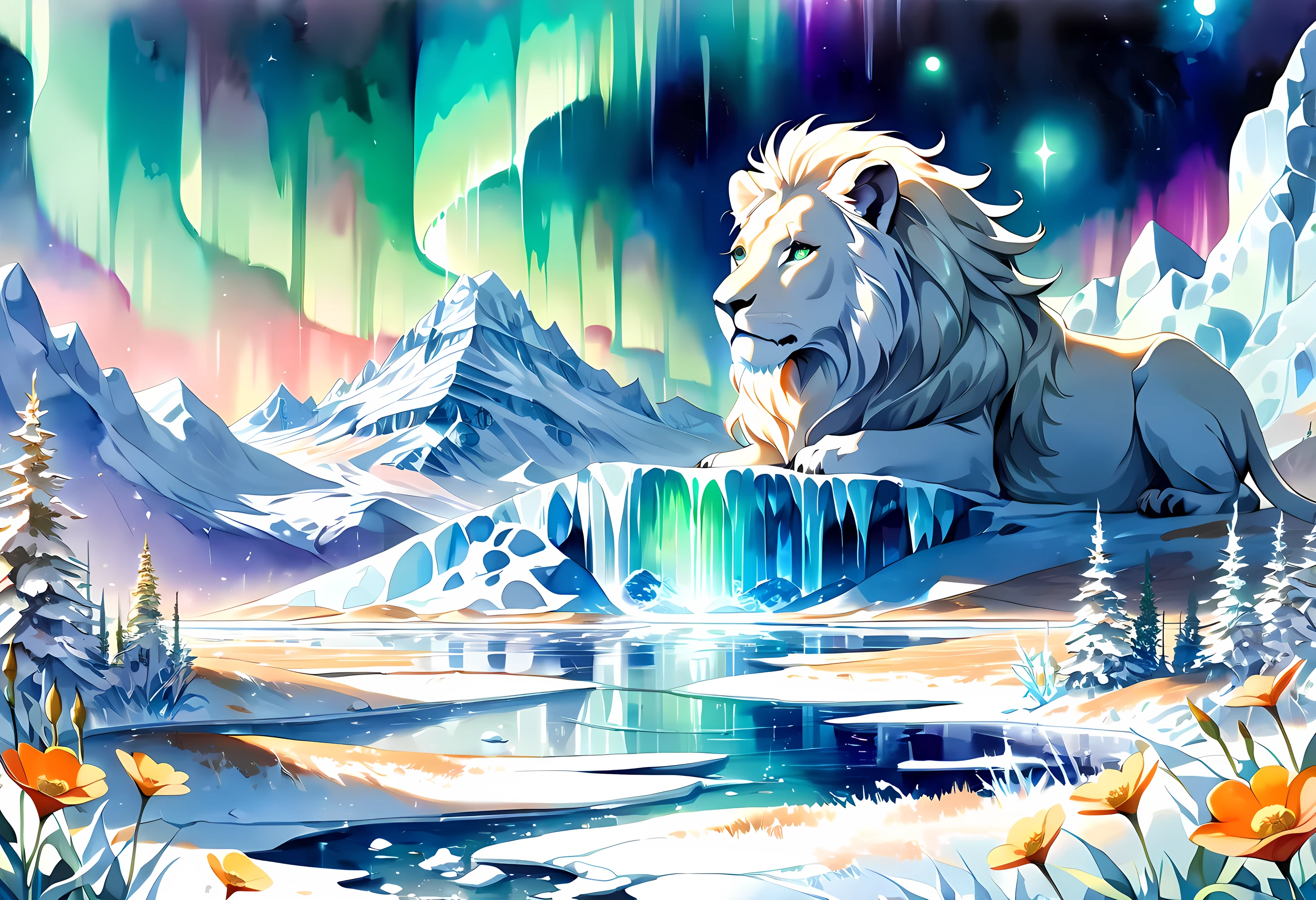 ((( An elaborate watercolor painting depicting a beautiful landscape of a small but fertile oasis on frozen ground))),(((Soul Love ))),(( best quality ,masterpiece:1.5)),(( Paradise-like Colony )),((Dazzling light)),((palace)),(( bluish all over )),( Large Coloured Photons :1.5),( shining flowers ),( pearl white ),(perfect anatomy),( Ultra High Quality),( detailed background),( Artwork),(An elaborate watercolor painting depicting a beautiful landscape of a small but fertile oasis on frozen ground along a waterside with a faint green light ),(White Lion ),(Great harmony ),(The 々 creatures you depict are beautiful),Desaturated:1.3, rich color palette , Beautiful dreamy lighting , anime style,Snowfield,truth,joy,thank you,comfortable,fair,Elegance,Polite , true strength , full of vitality ,altruism,Beautiful,clean, Soft ,Here and now , Forget Time ,Unadorned ,fun,continuation,iceberg, Aurora,An airship in the distance ,Space Song ,canopy, sacred