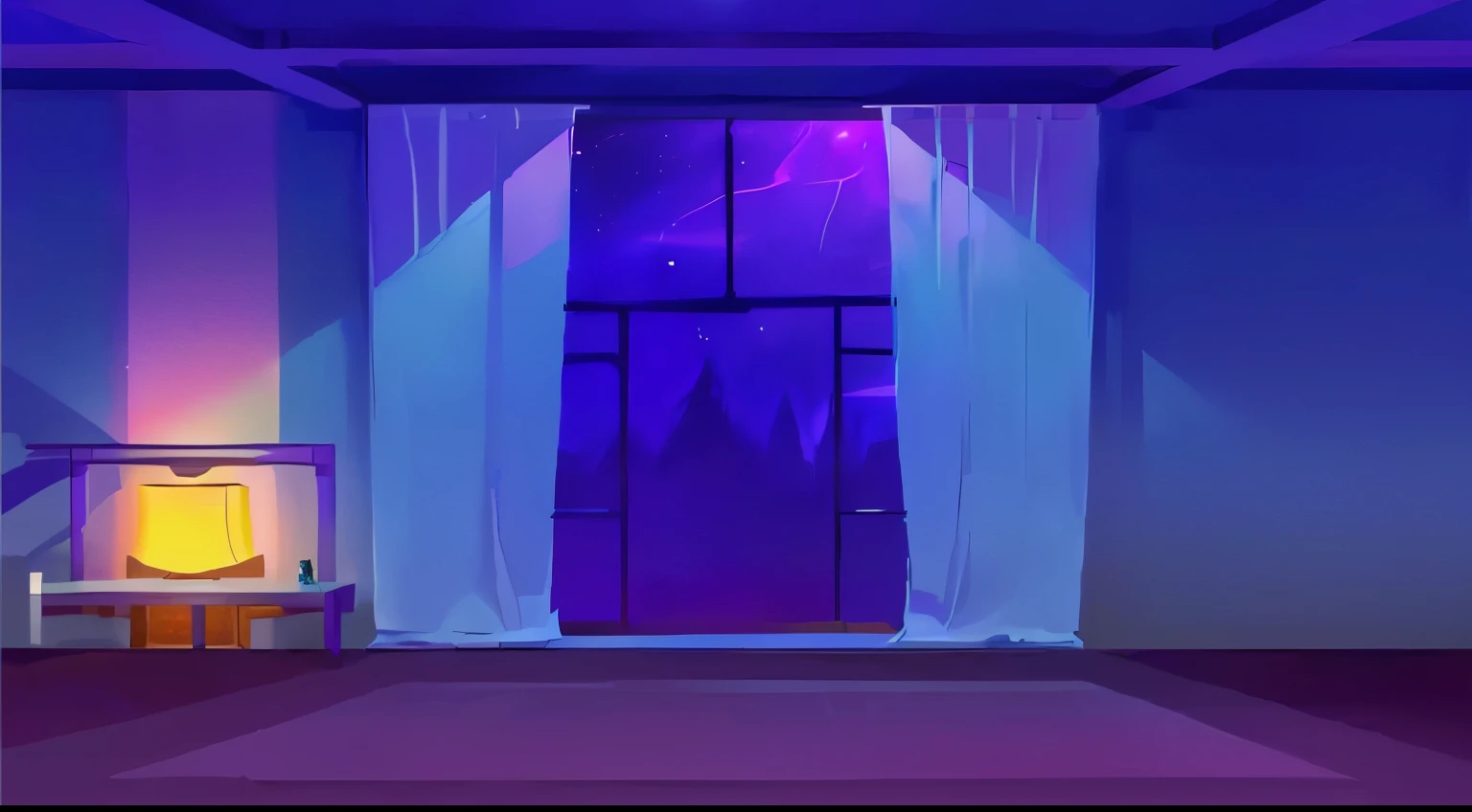 a cartoon room with a window, a lamp and a rug, ballroom background, personal room background, interior background art, background art, random background scene, anime background art, alien room background, dance hall background, modern nocturnal background, futuristic room background, large windows to forest at night, mobile game background, anime background, 2 d game art background, bedroom background