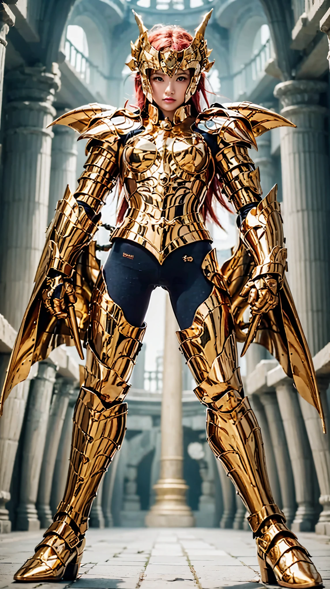 A highly detailed and realistic illustration of a warrior in golden armor with intricate dragon-like designs. The character has vibrant pink, flowing hair that cascades over their shoulders, styled with fine texture and subtle highlights, giving it a lifelike appearance. Their piercing blue eyes convey determination, with a golden helmet featuring sharp, horn-like protrusions and a central blue gemstone. The armor covers their entire body, featuring a radiant metallic sheen with reflective highlights and detailed engravings. The chest plate is ornately designed, complementing the robust, angular shoulder guards and segmented arm pieces. The lower armor includes perfectly fitted greaves and boots with dragon-scale patterns. The character stands confidently in a grand, ancient hall with towering marble columns and soft ambient lighting that emphasizes the armor's glow. The background exudes a sense of grandeur and mysticism, with a subtle glow coming from the tall arched windows behind them. a woman in a gold mirror armor standing in a building, big breasts, visible navel, visible thighs, golden mirror and copper armor, golden mirror armor, angelic metal golden armor, knights of zodiac girl, gold mirror armor wearing, wearing witchblade armor, gold mirror armor, body gold mirror armor, light gold mirror armor, armor girl, beauty armor, sleek metal gold mirror, gold mirror and copper shining armor, in goldfish armor, portrait knights of zodiac girl, gold mirror armour suit.