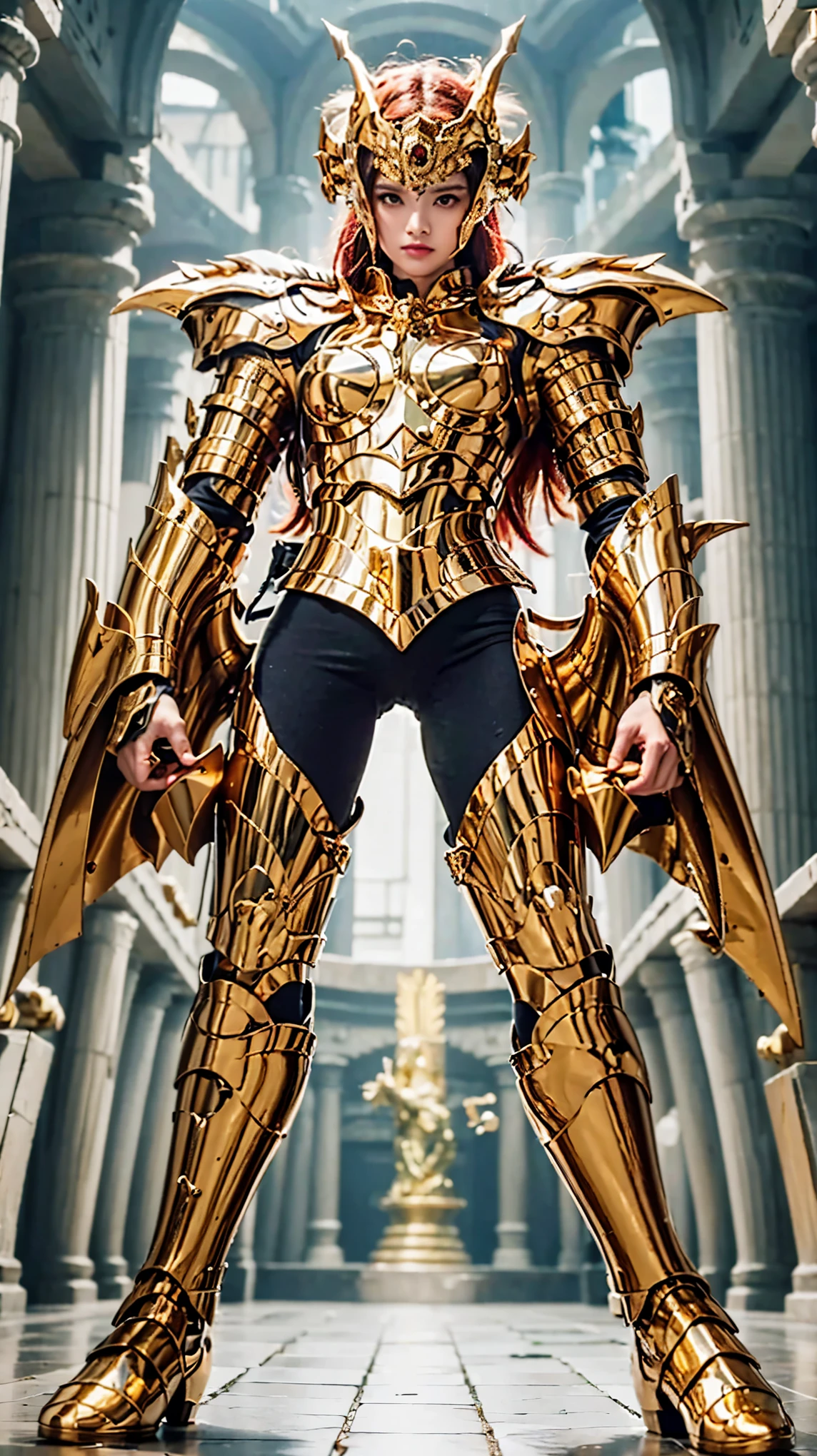 A highly detailed and realistic illustration of a warrior in golden armor with intricate dragon-like designs. The character has vibrant pink, flowing hair that cascades over their shoulders, styled with fine texture and subtle highlights, giving it a lifelike appearance. Their piercing blue eyes convey determination, with a golden helmet featuring sharp, horn-like protrusions and a central blue gemstone. The armor covers their entire body, featuring a radiant metallic sheen with reflective highlights and detailed engravings. The chest plate is ornately designed, complementing the robust, angular shoulder guards and segmented arm pieces. The lower armor includes perfectly fitted greaves and boots with dragon-scale patterns. The character stands confidently in a grand, ancient hall with towering marble columns and soft ambient lighting that emphasizes the armor's glow. The background exudes a sense of grandeur and mysticism, with a subtle glow coming from the tall arched windows behind them. a woman in a gold mirror armor standing in a building, big breasts, visible navel, visible thighs, golden mirror and copper armor, golden mirror armor, angelic metal golden armor, knights of zodiac girl, gold mirror armor wearing, wearing witchblade armor, gold mirror armor, body gold mirror armor, light gold mirror armor, armor girl, beauty armor, sleek metal gold mirror, gold mirror and copper shining armor, in goldfish armor, portrait knights of zodiac girl, gold mirror armour suit.