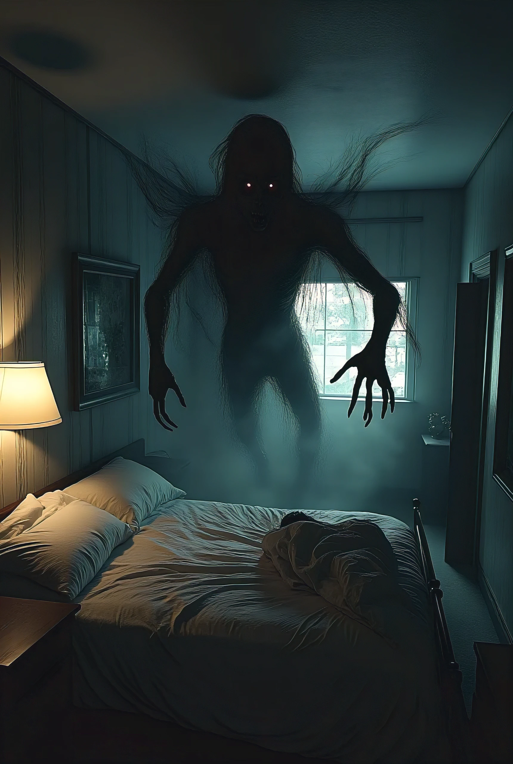 A shadowy entity glides across the room, its movements fluid and unnatural, as if defying gravity. Its elongated arms and skeletal fingers stretch unnervingly toward the bed, the air around it seeming to ripple and distort. The glow of its red eyes casts a faint, eerie light on the walls, and a low, guttural whisper fills the space, calling out the woman’s name. The dim light from a flickering bedside lamp barely illuminates the creeping darkness that surrounds the figure. Shot with Sony Alpha a9 2 and Sony FE 200-600mm f/5.6-6.3 G OSS lens, natural light Hyper-realistic, photo realism, cinematography. 