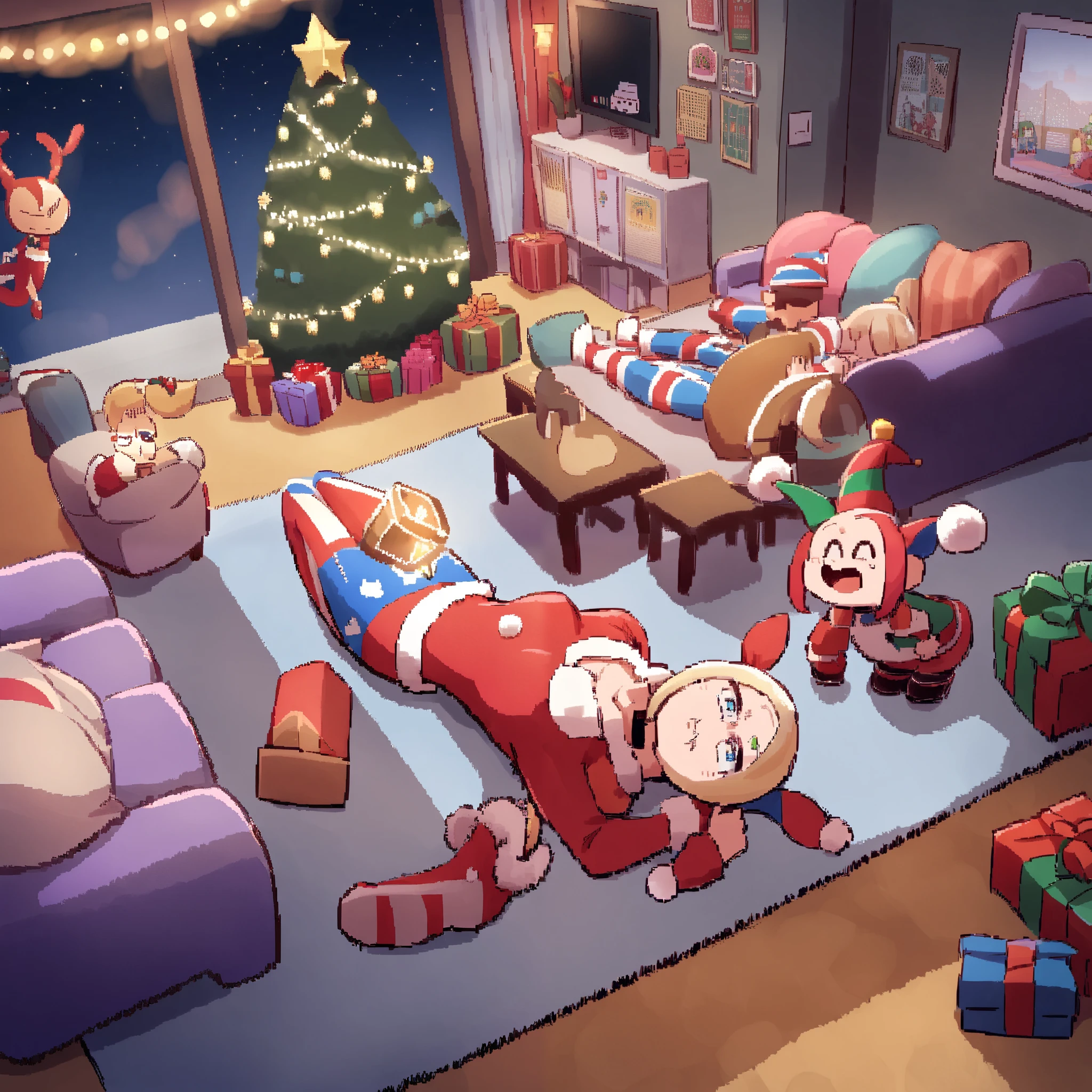 Imagine a SNES game, 8 bit theater, Harley quinn (cute woman, tight jester outfit, big hammer) has just knocked Santa claus unconscious and is acting cute and confused, Christmas living room, b 8it styling and design (priority: Double check anatomy, only 2 legs per person, only 2 legs per person, only 2 arms per person, arms and legs bend peoperly)
