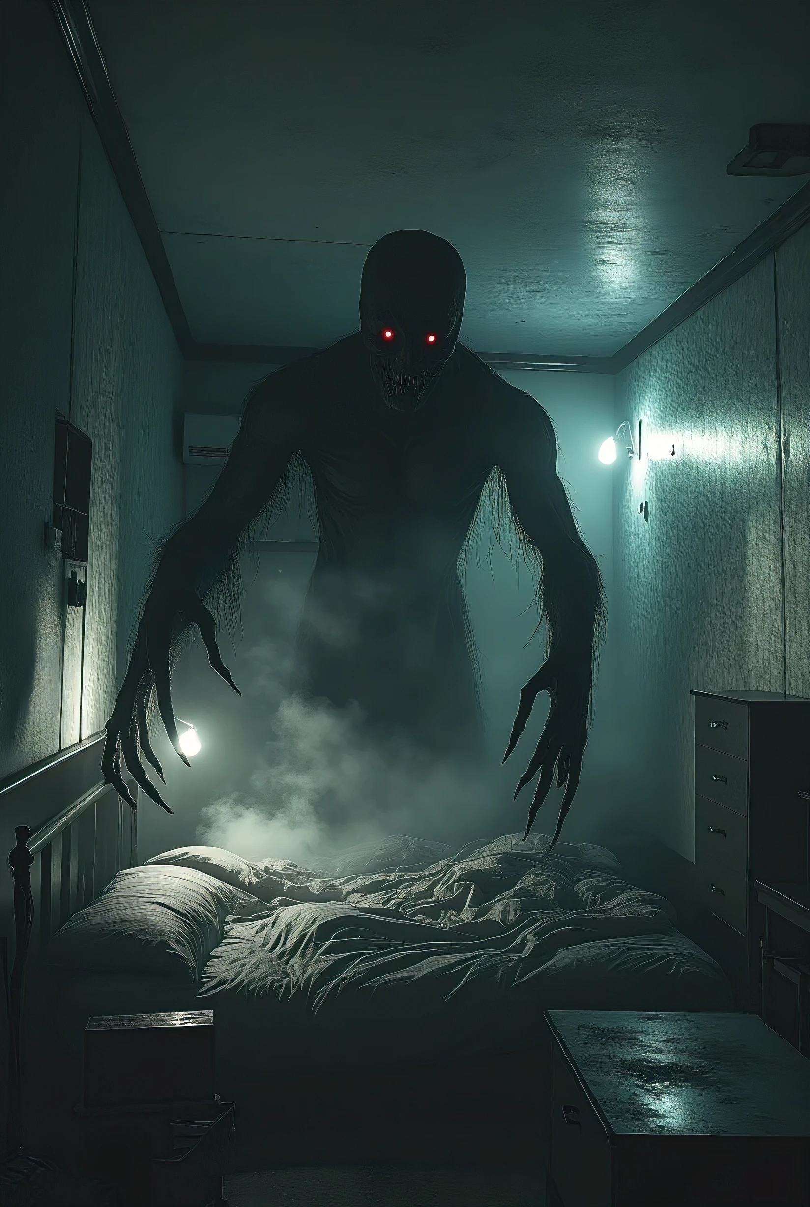 A shadowy entity glides across the room, its movements fluid and unnatural, as if defying gravity. Its elongated arms and skeletal fingers stretch unnervingly toward the bed, the air around it seeming to ripple and distort. The glow of its red eyes casts a faint, eerie light on the walls, and a low, guttural whisper fills the space, calling out the woman’s name. The dim light from a flickering bedside lamp barely illuminates the creeping darkness that surrounds the figure. Shot with Sony Alpha a9 2 and Sony FE 200-600mm f/5.6-6.3 G OSS lens, natural light Hyper-realistic, photo realism, cinematography. 