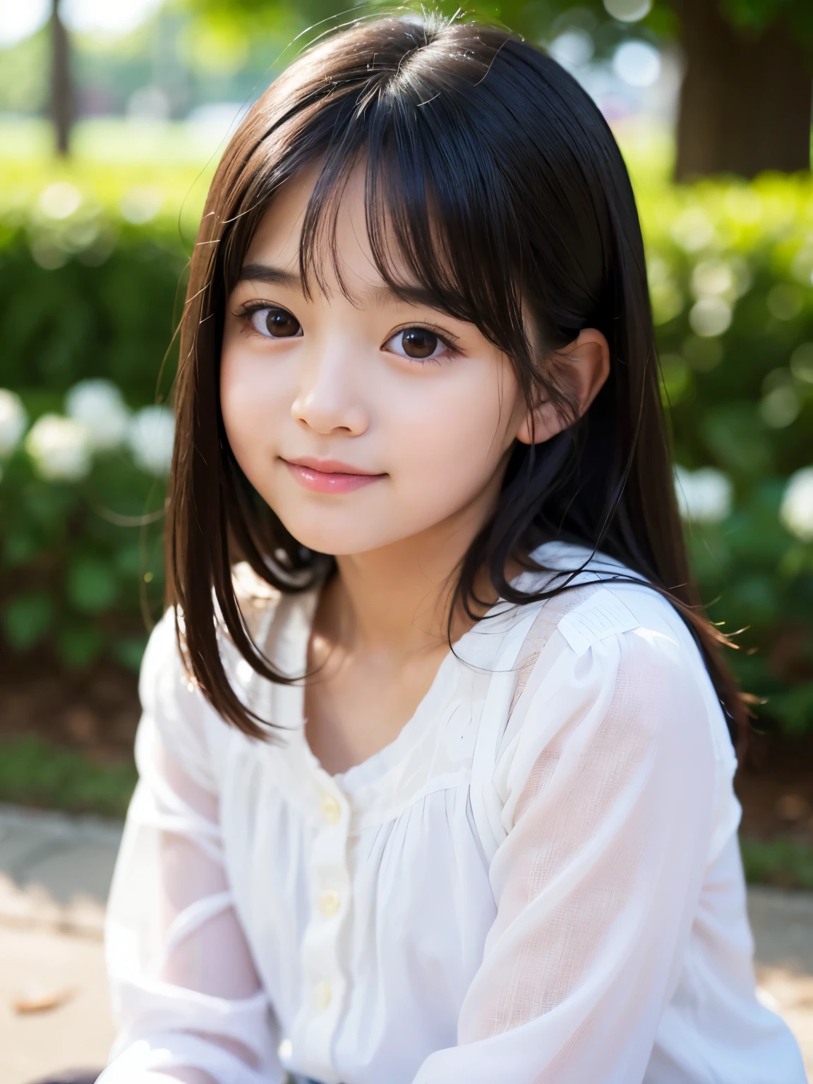 ((8k)),((Japanese)),(10 years old:1.6),(Innocent and innocent face:1.5),(highly detailed face),(gentle eyes),((straight bang hair)),girl,cute,summer clothes,everyday wear,short sleeve,random color shirt,Random skirt,in front of the flower bed in the garden,sitting,semi-long black hair,Decolletage