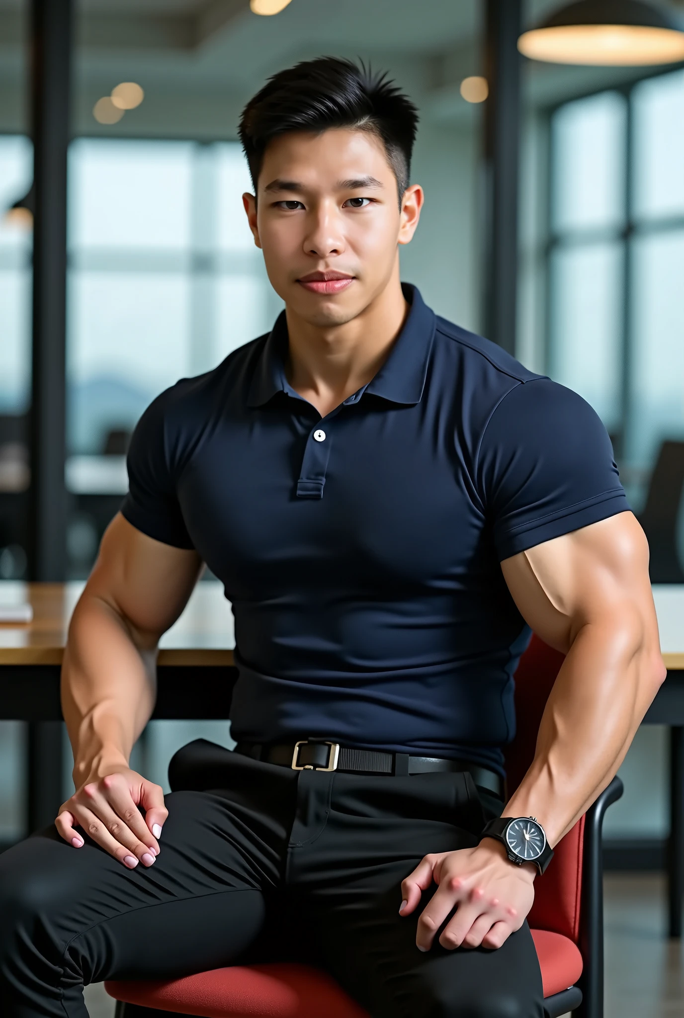 Realistic photography of a korean sexy boss, 29 ages , wearing a suit, thin necklace, huge pecs , tan skin, at office olds,sit cool