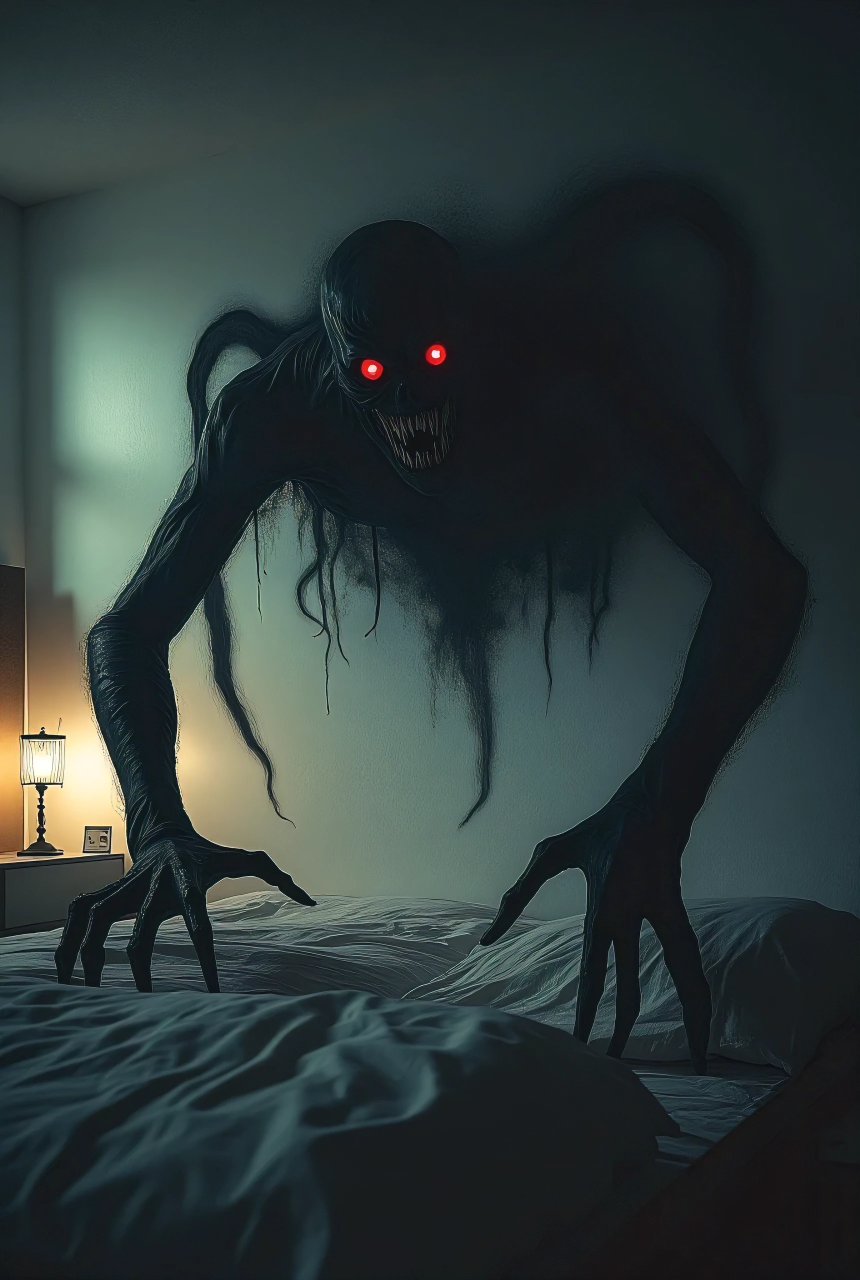 A shadowy entity glides across the room, its movements fluid and unnatural, as if defying gravity. Its elongated arms and skeletal fingers stretch unnervingly toward the bed, the air around it seeming to ripple and distort. The glow of its red eyes casts a faint, eerie light on the walls, and a low, guttural whisper fills the space, calling out the woman’s name. The dim light from a flickering bedside lamp barely illuminates the creeping darkness that surrounds the figure. Shot with Sony Alpha a9 2 and Sony FE 200-600mm f/5.6-6.3 G OSS lens, natural light Hyper-realistic, photo realism, cinematography. 