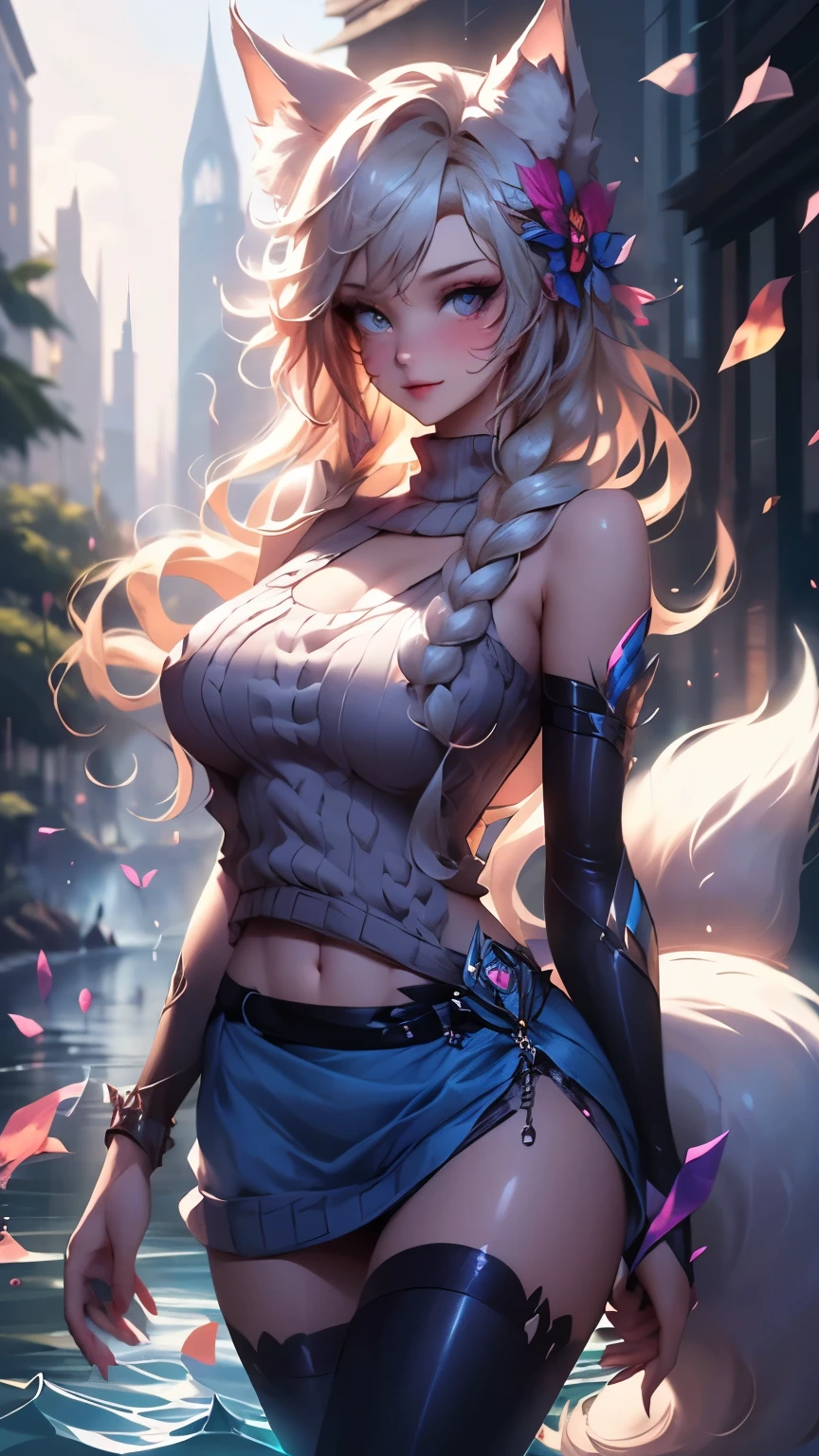 ( mission is one girl:1.2), ((Frey, Anthro, wolf girl, The wolf's ear , wolf tail )), Alone, smiles , looks at the viewer , straight arms, The long , white hair, blue eyes , (Bakr _Destroyed_ sweater :1.5), sideboob, underboob, , white over the knee socks, , Aisle , really, Picture of ,