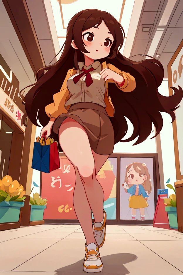 Masterpiece, best quality) brown long hair girl, office costume short skirt, gorgeous body, pronounced , in a shopping mall, full body