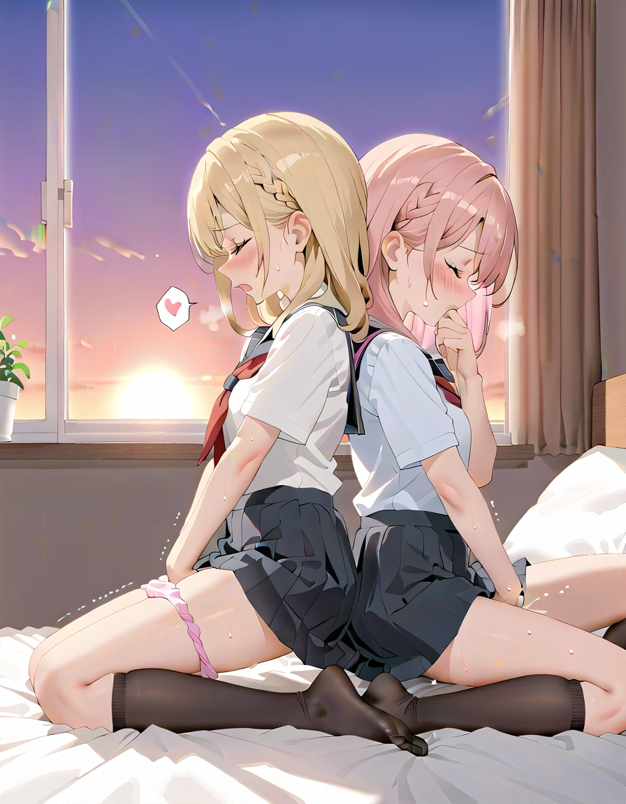 (masterpiece,beautiful,hughres,CG,8k,16k,best quality,high-resolution,detailed fingers,detailed hands,detailed legs,detailed eyes:1.5),anime,source anime,illustration,face focus,(from side:1.6),(2girls:1.5),(evening,indoor,one&#39;s home,bedroom:1.5),(sunset:1.3),shadow,(on the bed:1.4),(head down:1.2),(girl on the left(blonde hair):1.5),(girl on the right(pink hair):1.3),( thighs:1.4),(school uniform,white shirt,pleated skirt,black skirt,black thighhighs:1.3),small breasts,(panties pull,panty pull:1.3),sitting,(My legs,knees to chest,folded,knees together feet apart:1.4),leg up,(profile:1.2),(back-to-back:1.5),hand over own mouth, covering own mouth,(female masturbation:1.4),( fingering:1.2),(female orgasm, female :1.4),(pussy juice:1.2),(trembling:1.4),(gasping,heavy breathing,blush:1.5),(impatience1.1),flustered,(fidgeting around:1.4),(steam:1.2),(sweat skin,sweat:1.4),(streaming tears:1.3),(drooling:1.1),(looking away:0.5),(looking down:1.4),(spoken heart:1.3),(closed eyes:1.6),open mouth