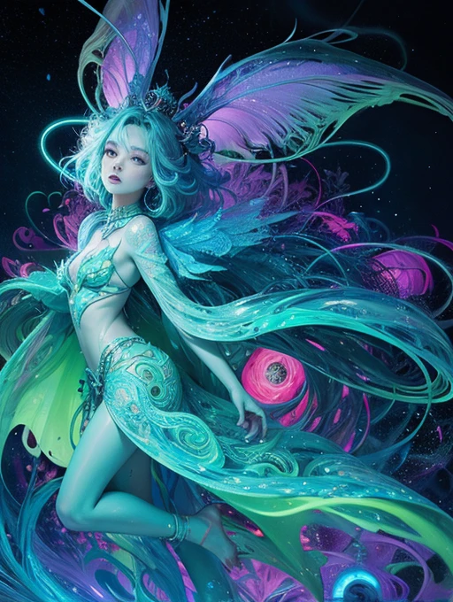(trippy art:1.5)(fully body photo:1.0)from the above(wide wide shot:1.0),1 plump girl,Latex clothing,the Flower Fairy, Transparent colorful wings, Magic wand,flatchest,Caucasians,Muscle tissue,muscle shaping,Muscle tissue