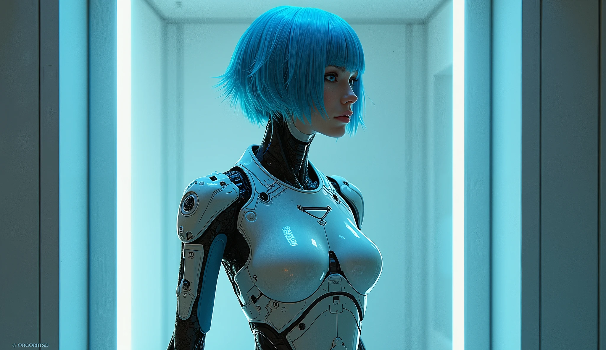 raw photograph, ultra detailed photrealistic, beautiful female android face, tilt head, short blue hair, interrogative gaze, smirk, cyborg, robotic parts, techno lab background, rim light, vibrant details, luxurious cyberpunk, hyperrealistic, anatomical, microchip, elegant, H. R. Giger style, 8k, best quality, masterpiece, an extremely delicate and beautiful, extremely detailed, (realistic, photo-realistic:1.37), incredibly absurdres, robot, full body, sitting