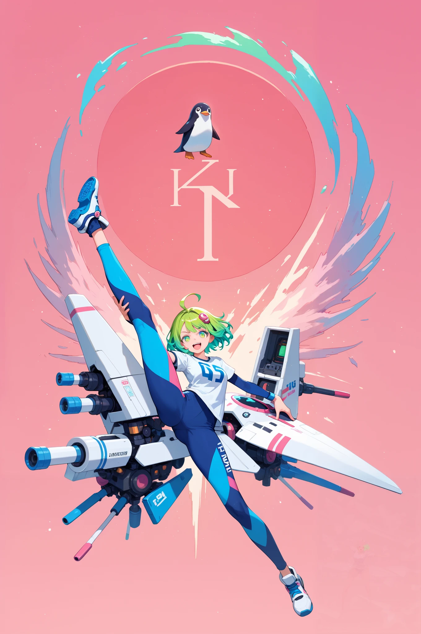 Mechanical Hair Ornament, full-length portrait or statue, Girl with heavy machine on her back, Abatomically Correct, Girl wearing knickerbockers on android legs, full body, Shirt with penguin illustration, Pink Almond Background, Pink Background, Peacock Green Hair, Girl equipped with Rocket Launcher, Masterpiece, The moment the girl is about to kick the ground and fly, Woman with android-like legs, Tachi-e, High Resolution, Character Design, Ahoge, Super Detailed, Modern, Bright Pupils, Earrings, Asymmetrical Hair, Solo, 1girl, Gradient Hair, Very Pretty Lady, Open Mouth, Flexible and Very Nice Body, Smile, Green Hair, Action Painting, Multicolored Eyes, Raised Eyebrows, Colored Eyelashes, Pupils Sparkling, Naughty