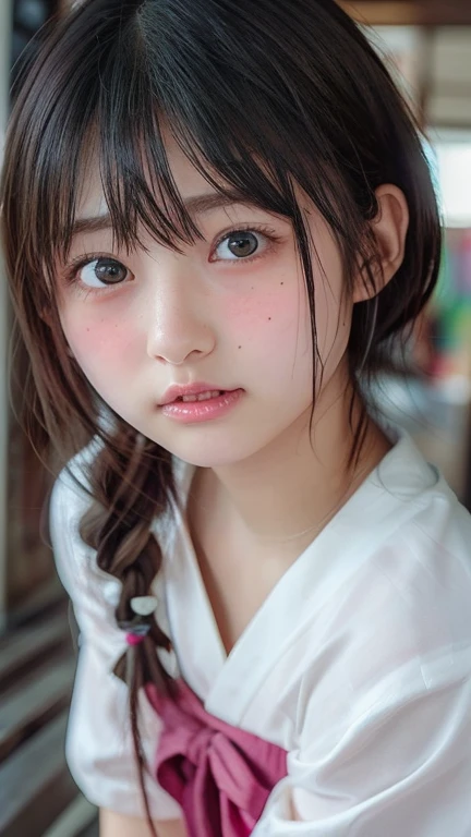  one girl，(1人のとても cute女の子:1.3)，Masterpiece， best quality ， high definition， Beautiful Girls，(:1.3)， cute， big eyes，( detailed eyes:1.2)，(  has a straight forward face:1.3)，Forward facing body，Beautiful Nose，Fuller lips，  short black hair， ponytail from below the surface， short hair ，Detailed eyelashes， thin eyebrows on boots， extremely fine grainy definition ，( symmetrical eyes:1.3)，( face close-up， focus on face :1.0)，Shrine maiden，Hakama， portrait， show viewer ，Cinema Lighting， high definition， very detailed、mole、 small breasts