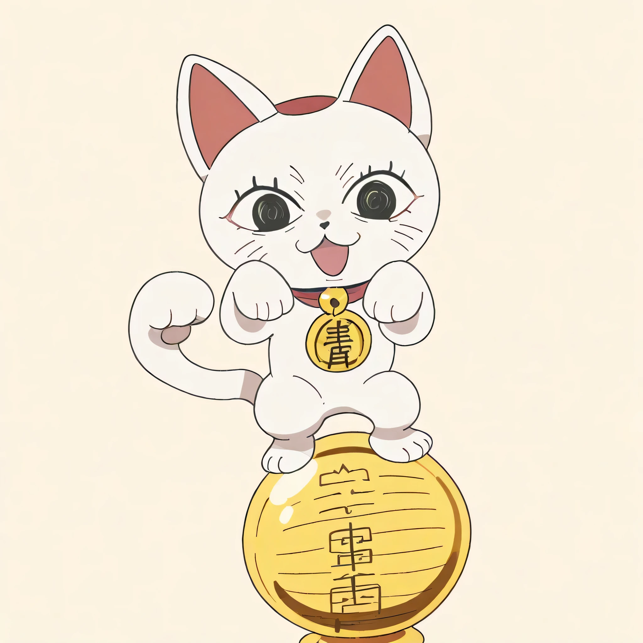 score_9, score_8_above, score_7_above, source_anime, Alone,  chibi,  Turbo Grandma ,  animal ears ,  black eyes, without humans, foco animal,  white skin , Mustaches, maneki-neko,  anime screenshot,, collar, sino, neck sino, coin, Paw Pose, gato ears, gato tail,  animal ears , tail,  Open mouth, taken, Mustaches,,  looking at the viewer,  from the front, Alone,,  Dutch angle , smiling, on top of a golden ball, yellow solid background