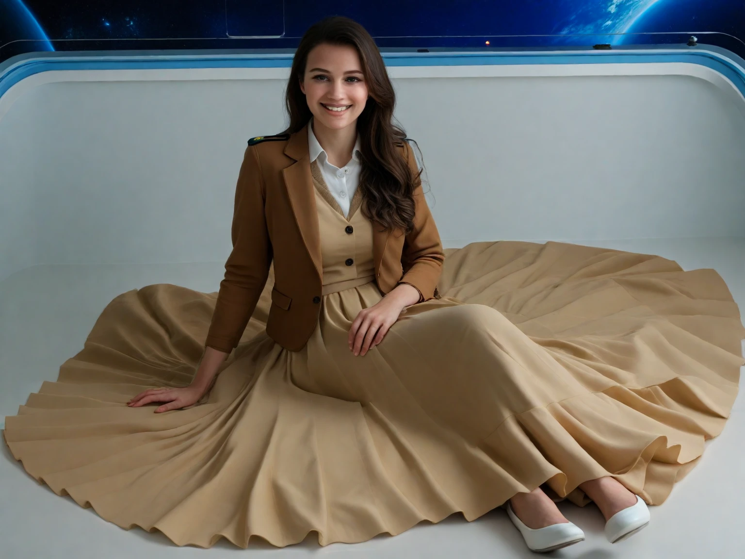 In a 35mm Award-winning photograph, detailed, and vivid. Documentary shot, a smiling Sapphic space therapist Lady is sitting down on the floor in an empty spaceship, her long, pleated Skirt smoothly spread around her, lightly flowing in the wind. Her shoulder padded uniform suit jacket and simple low-heeled office shoes are modest and demure, which provide a striking contrast to the wild movement of her long, sharply and distinctively pleated Skirt, which is striking in its beauty as it symbolizes her femininity and grace and devotion, as the skirt is most prominent in the prominent theme of the photo. The Skirt is the truest proof of her mission to spread love and compassion. Her face radiates gentleness, compassion, and subtle flirtatiousness, with a knowing wide smile playing on her lips as she suggestively lifts her Skirt with an obvious lust and desire for intimacy. Her features are distinctly feminine and ladylike and mature, with prominent breasts and hard nipples. The vibrant background of the space station, featuring glimpses of galaxies and spaceships, conveys the vastness of space. Rich, vibrant colors and accurate lighting highlight the fabric textures, meticulous pleats on the skirt, and the wind's effects, emphasizing her body and seductive posture, creating a sense of intimacy and storytelling. 8k highest resolution with sharp intricate details. 