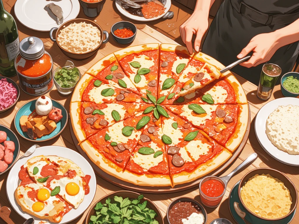 There is a cartoon picture of a person making a pizza in the kitchen, by Kamisaka Sekka, Food close-up , Heavy vignette!,  extremely detailed image, "Overhead view of the table ", the table is full of food , Overly detailed art,  anime food,  wallpaper!, Highly detailed shots,  high-angle close-up , Additional details Details,Three-haired cat