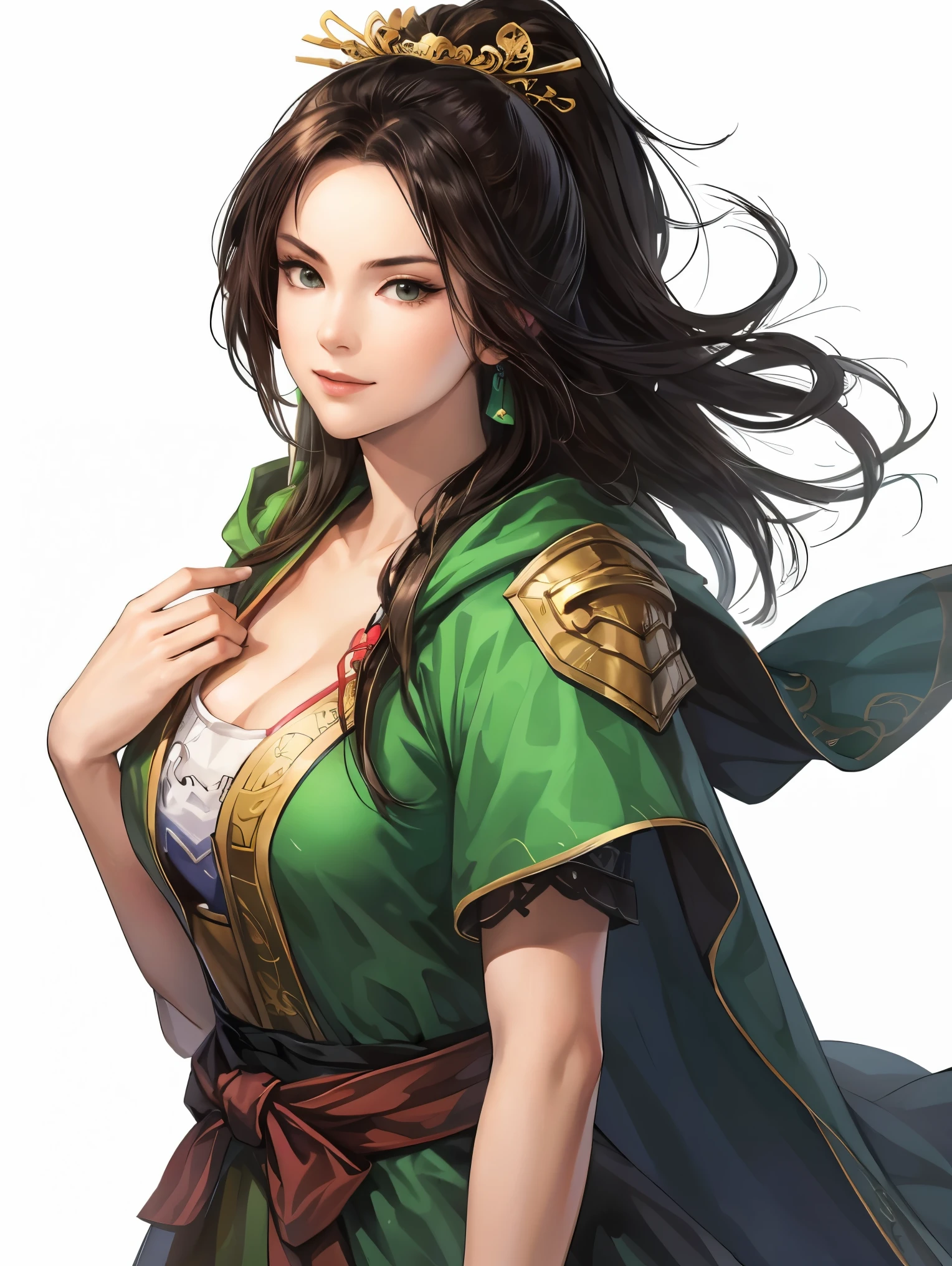 beautiful woman with dark hair :1.3, Stunning Character Art , Hanfu,(( pure white background)), ( best quality ), handsome,Beautiful female knight, 2. 5D CGI fantasy artwork, detailed digital art , Very nice work of art, fan Art Best Art Station, ( green cloak ),(warrior:1.2) expressionless, accurately drawn hands 、 I'm putting my hands on my lower back, facing forward、Chinese Armor,From the waist up、One woman、 Faint Smile 、White space above the head,masterpiece, Perfect picture, Realistic Drawing , The chest part of the armor is wide open 、 Her Breasts Are Exposed 、