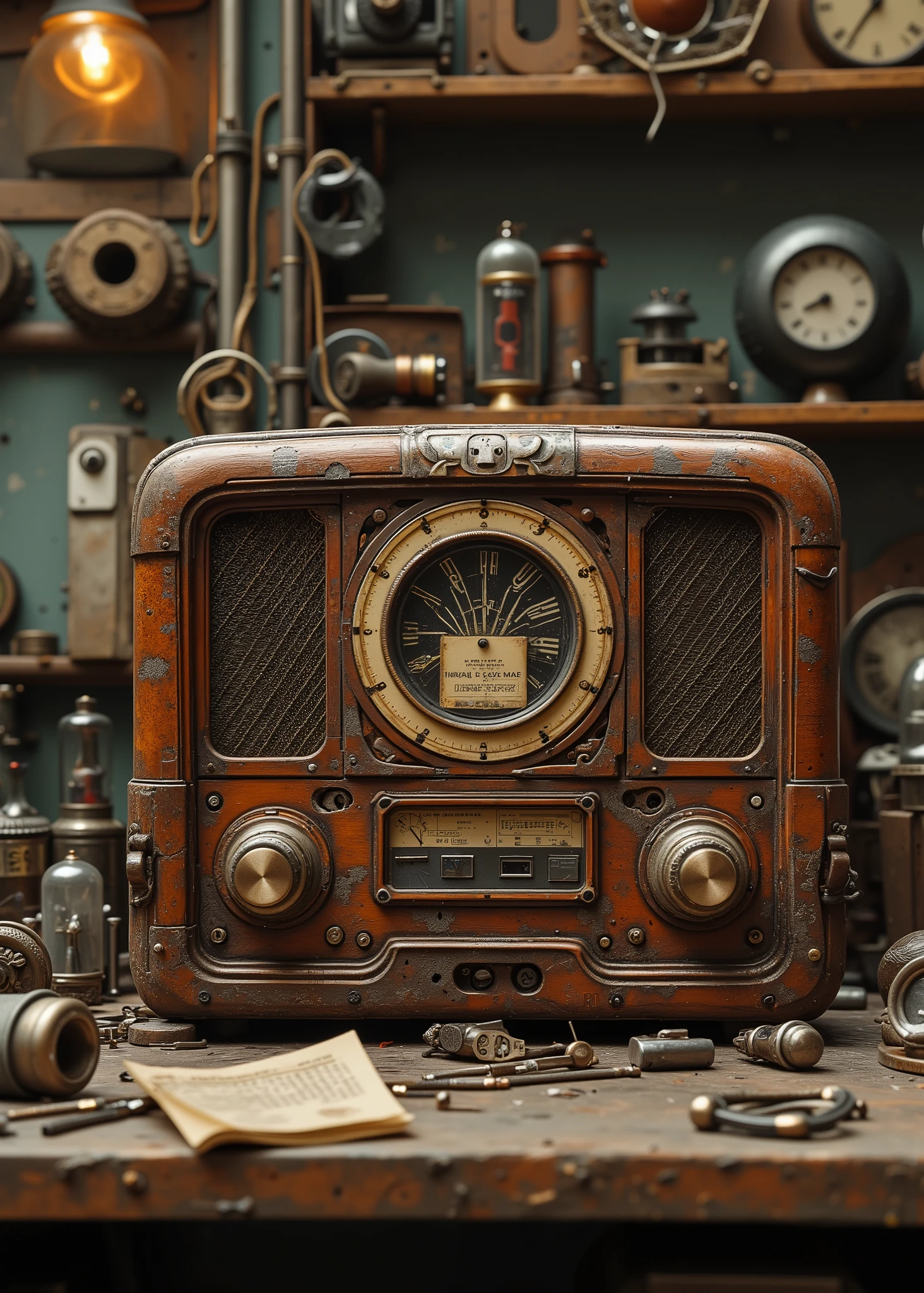  old wooden vacuum tube radio、Electronic components 、 around a machine desk 