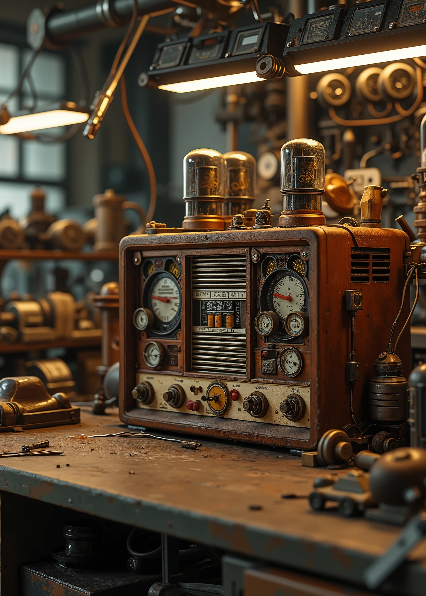  old wooden vacuum tube radio、Electronic components 、 around a machine desk 