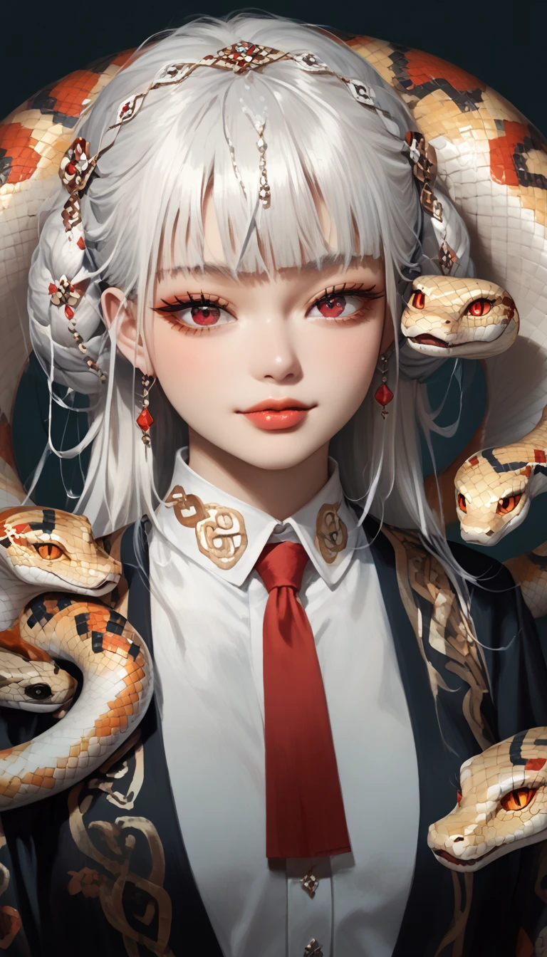 (masterpiece,   best quality  :1.2),  1 woman,   alone, Snake monster,   Korean girl with red hair, Hanbok,  White hair, Joseon dynasty houses, ( huge  :1.4),  Red eyes , lamplight ,   long haired  , 검은색 Hanbok, Snake eyes