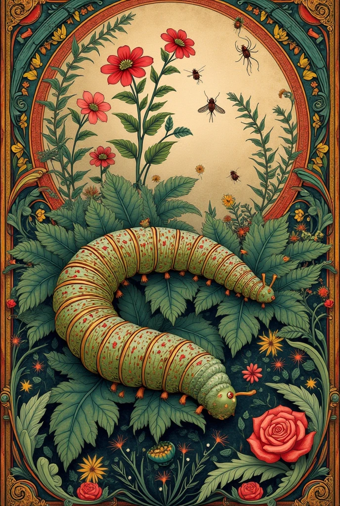 a medieval illuminated manuscript, ornate floral and plant motifs, insects, caterpillar, detailed oil painting, art nouveau style, art deco style