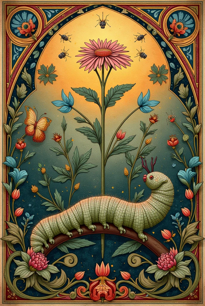 a medieval illuminated manuscript, ornate floral and plant motifs, insects, caterpillar, detailed oil painting, art nouveau style, art deco style