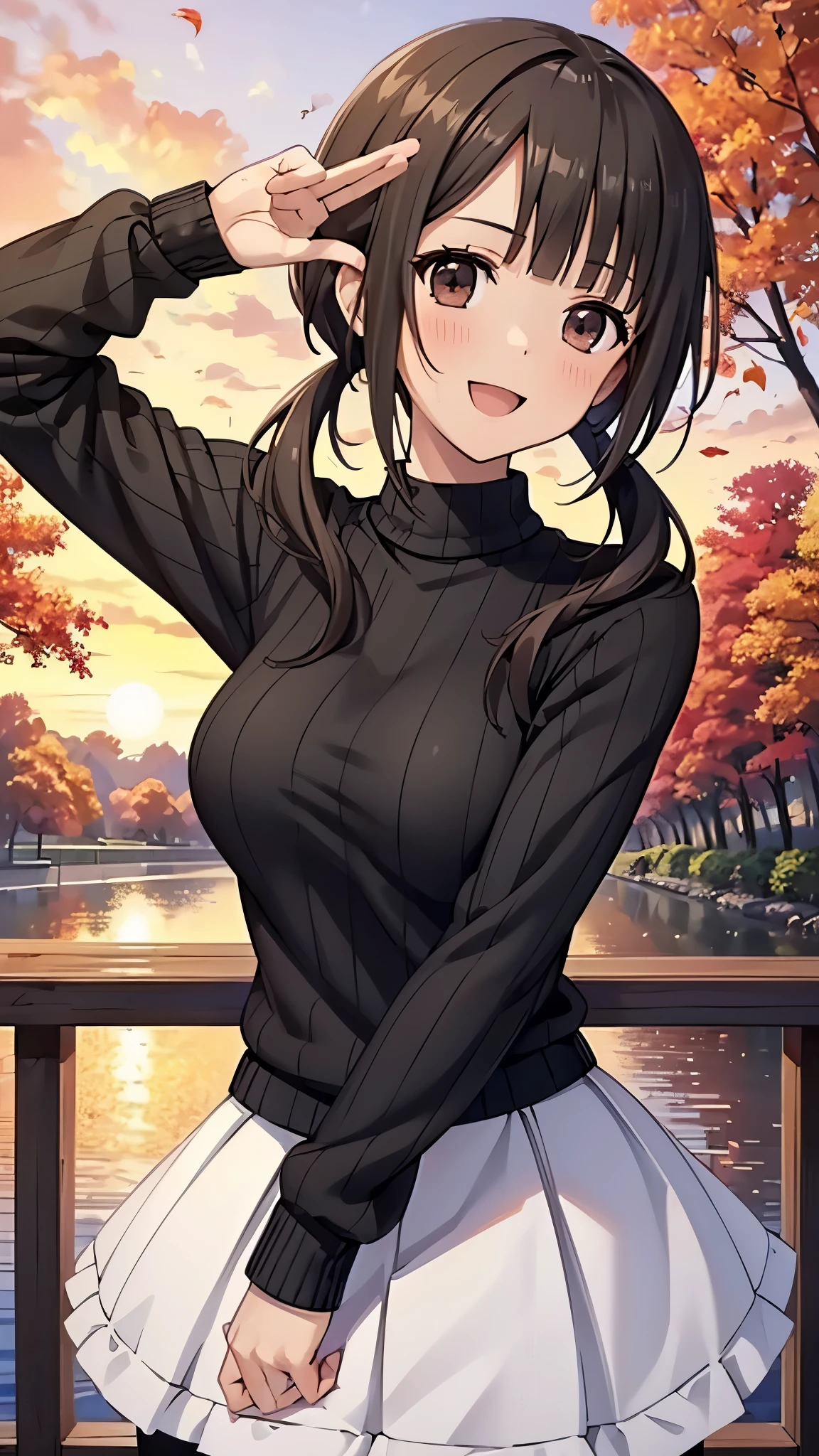 (top quality, greatest masterpiece),okitasawa,low twintale ,(ribbed black sweater:1.3),white frill long skirt,break,black pantyhose, anatomically correct body , looking at the camera, very detailed facial features, beautiful and perfect face,(:d:1.3),((over head shot:1.3)),autumn leaves,Park in the evening, looking at the camera, Front Angle,sunset,red cheek:1.3,upper body shot:1.3,
