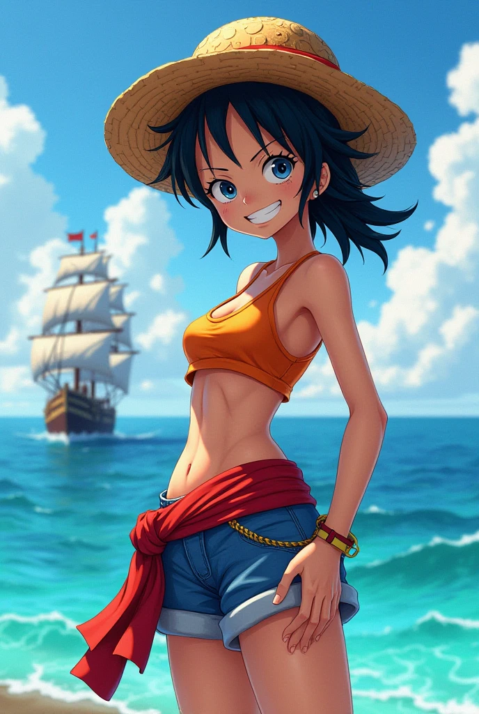 ((Monkey-hatted pirate, Luffy)), (Action-packed, adventurous), ((vibrant and colorful)), (Straw Hat Pirates), ((heroic and determined)), ((muscular and powerful)), (short sleeves), (loose pants), (red scarf), (sword), (smirk), (playful), (ocean backdrop), (skyline), ((daytime, sunny afternoon)), ((beach scene, tropical island)), (group scene,Multiple characters), ((pirate crew, comrades)), ((dramatic pose, sword held high)), ((dynamic and energetic)), (((seagulls flying overhead))), ((legs spread wide, standing