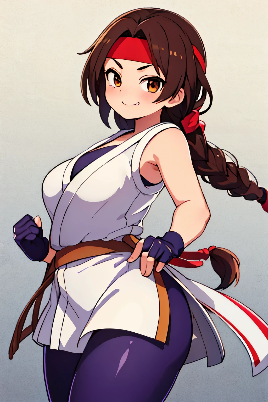 1 girl, High resolution, looking at the viewer, The best quality, masterpiece, Alone, Yuri Sakazaki, anime girl, heaDphones, big breasts, red headband, braided ponytail