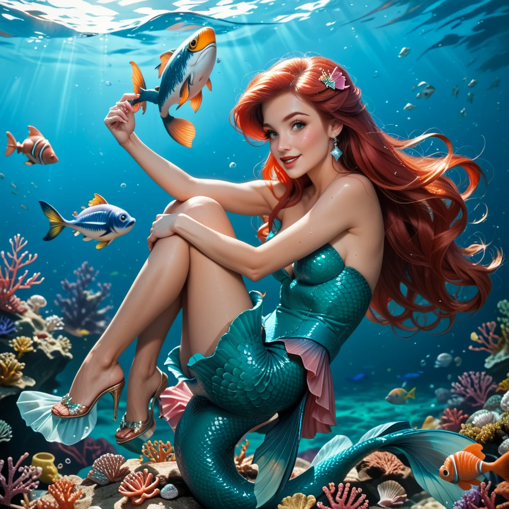 Beautiful woman dressed as mermaid, looking to the camera, smiled, underwater, bubbles, snails, corals, fishes, hyper realistic, cinematic, photorealistic, perfect contrast, gorgeous, elegant, award winning photography, 8k resolution, volumetric lighting, bioluminescent