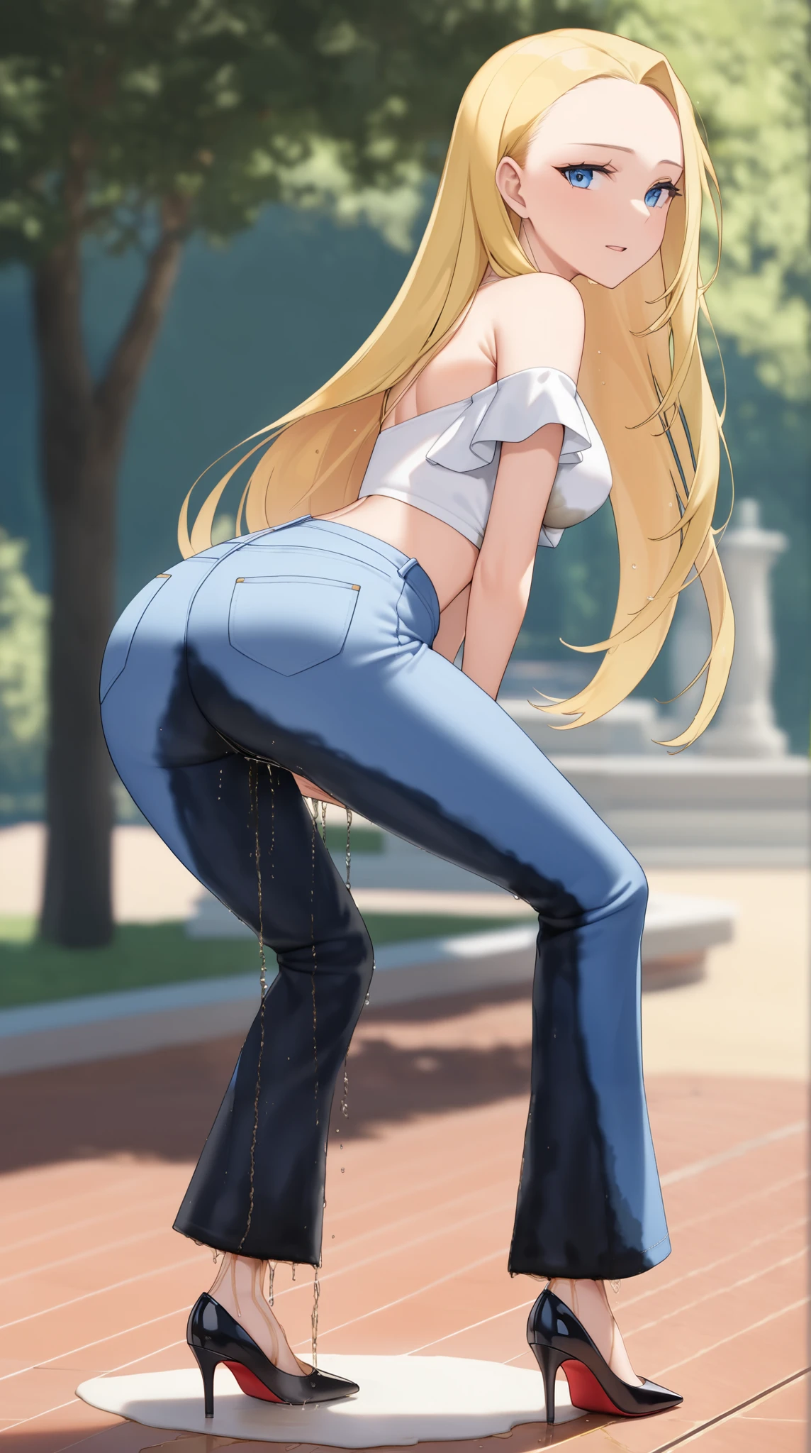 A youthful female with blue eyes and very long blonde straight hair with perfect body:1.1 and medium breast is standing and (wetting herself:1.5). She is wearing a light blue flared bellbottom jeans and white off-the-shoulder croptop with black heels. Outdoor setting. Fashion photography. Looking at viewer from behind in relief. (Best quality. Masterpiece:1.3. 16K. Detailed. Ultra high resolution). Soft natural lighting. Highly detailed face and skin texture. Detailed eyes. (Deep focus). Full body picture:1.0. Forehead.