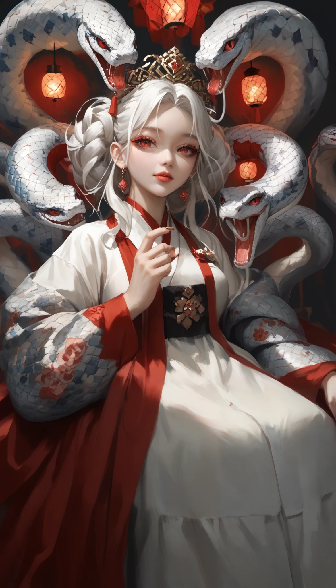 (masterpiece,   best quality  :1.2),  1 woman,   alone, Snake monster,   Korean girl with red hair, Hanbok,  White hair, Joseon dynasty houses, ( huge  :1.4),  Red eyes , lamplight ,   long haired  , 검은색 Hanbok, Snake eyes