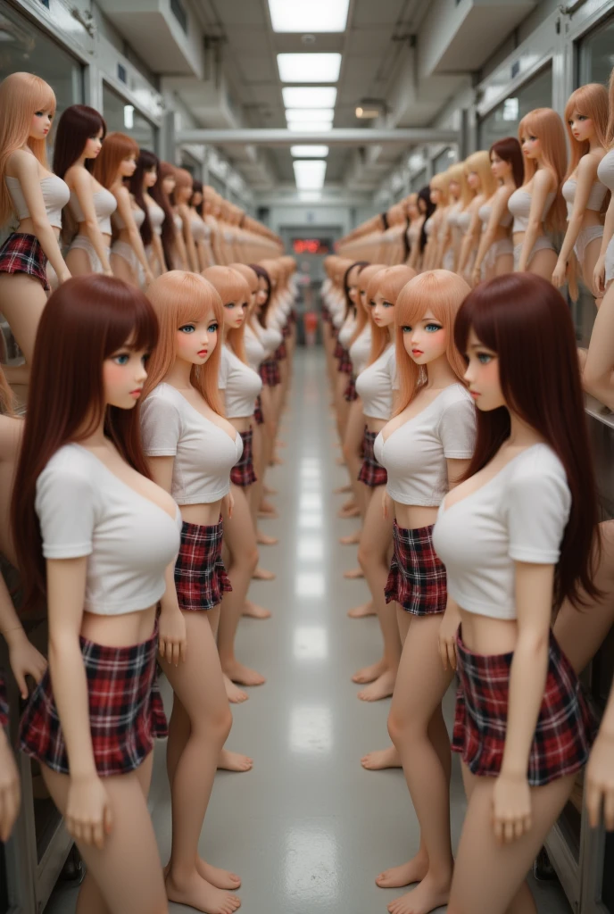 Endless sex doll factory hallway ,  beautiful sex dolls wearing plaid skirts white short t-shirts,Lined up on both sides , Smile, Parties, crawl