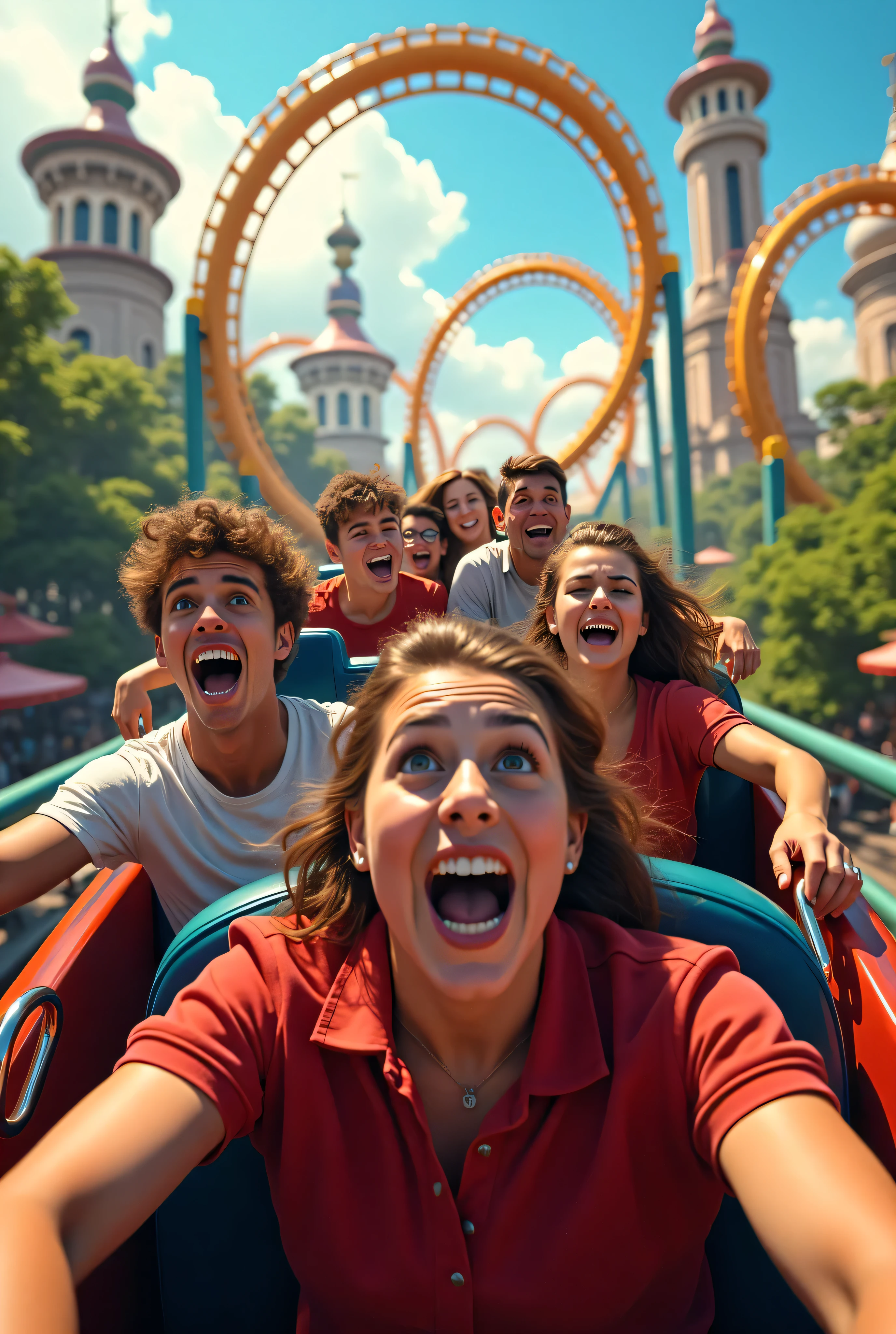 A dozen friends play roller coaster at a large amusement park