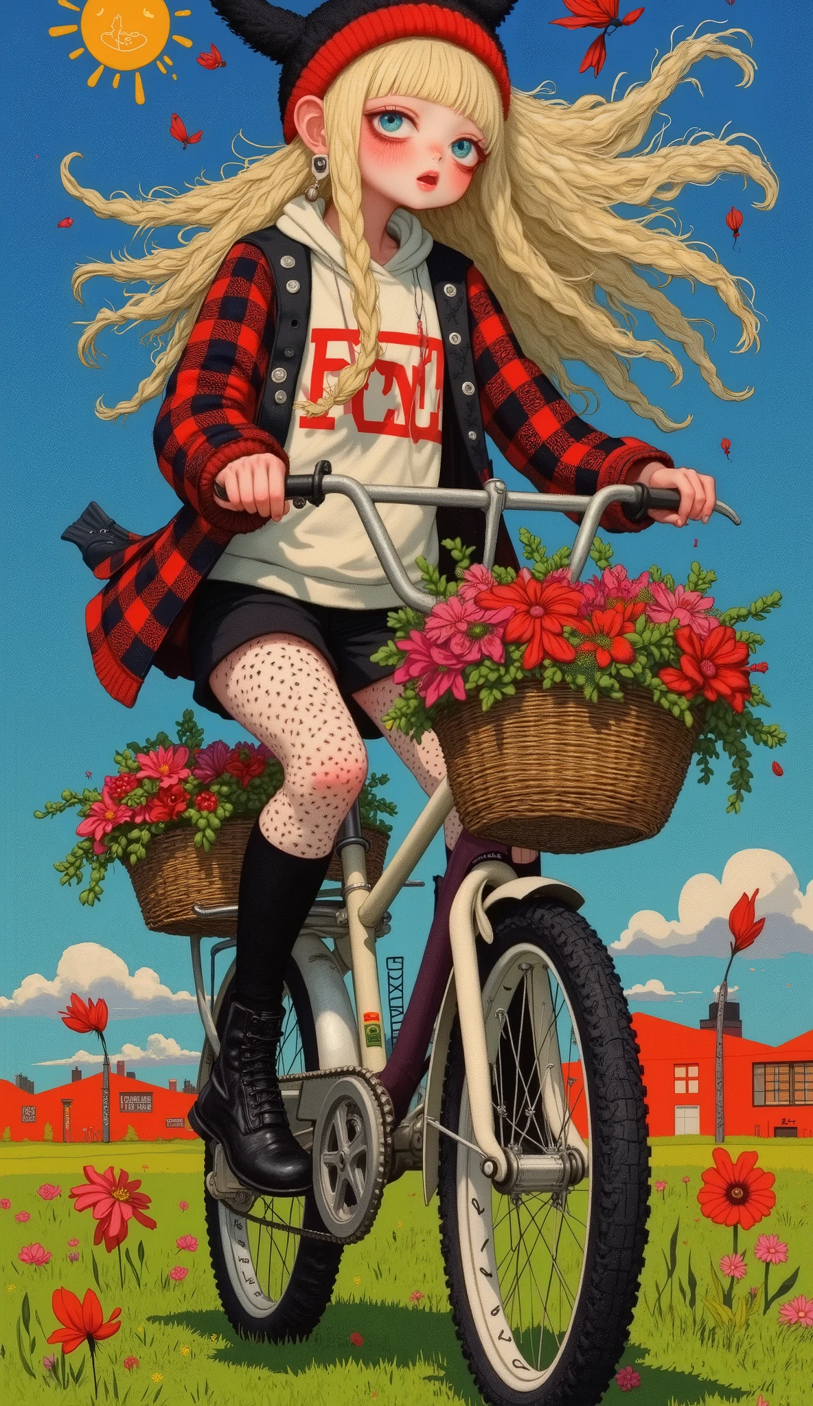Anatomically Correct , Beautiful full body girl , sitting on a bike with baskets full of flowers, ((Manga style:1.5)), Linear , she is half profile , red and black plaid miniskirt , three-quarter fishnet stockings , long black boots, white sweatshirt with red letters , fluttering in the wind , red wool hat , red and black jacket that falls on your shoulders , field background at dusk , flores , an anime drawing by Masamune Shirow , dynamic and sensual pose , trend on pixiv, Furry art, Danganronpa digital art, Anime style , Anime style ”, Blonde anime girl with long hair , High-quality anime art style , ranked among the best in pixiv , Beautiful high school anime girl , obra de arte de Anime style , anime illustration trend