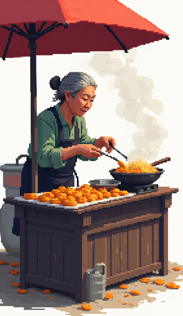 pixel art of an old woman from china deep frying a snack in her food stall, white background