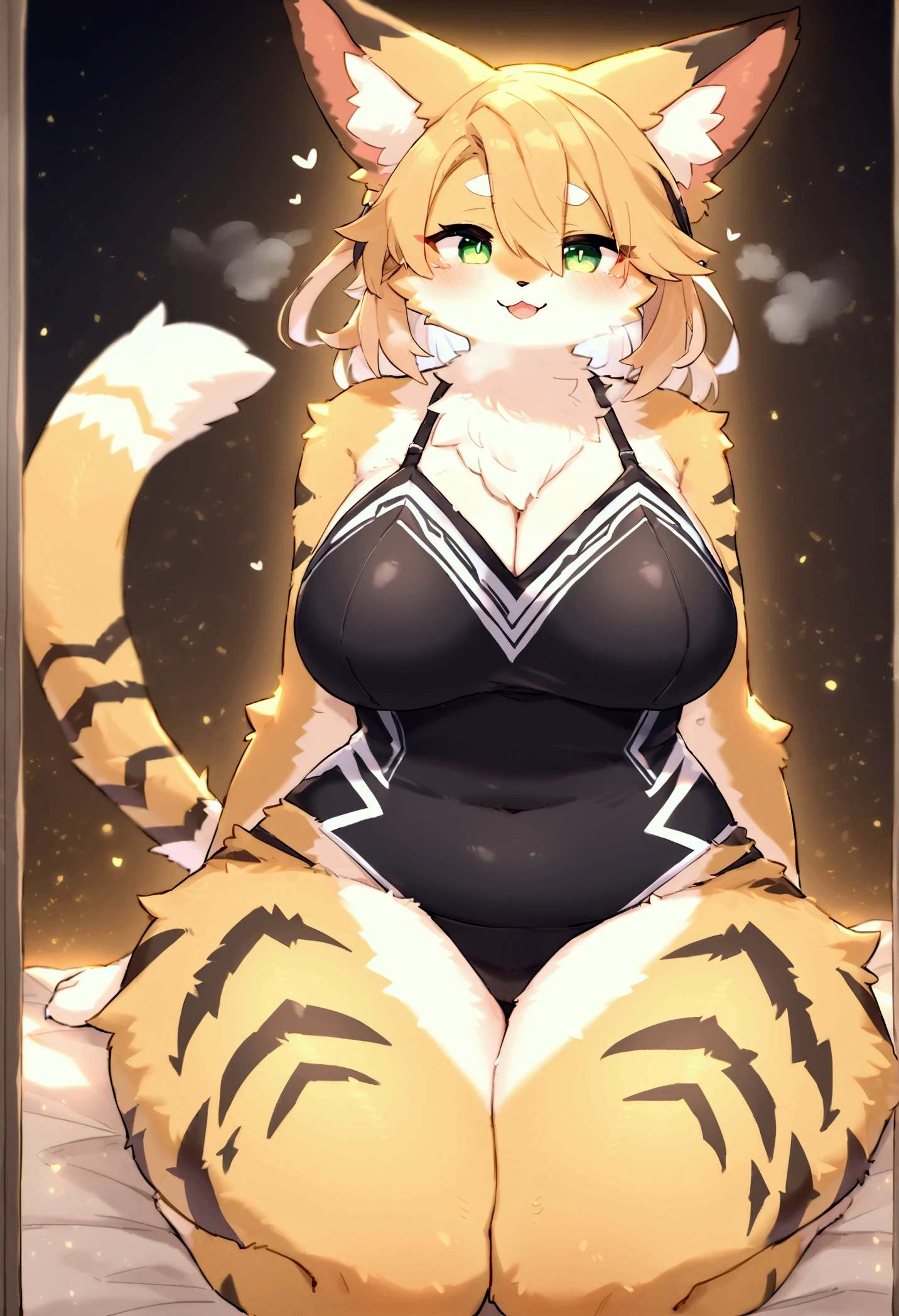 (top quality, best quality, Kyameta, High-quality illustrations, masterpiece, perfect artwork, cinematic light and shading, 16k, 1080p, uploaded on e621)(kemono, furry, anthro, alone), 1 larger female, (very detailed body, face, tail, arms, hands, legs, head and eyes), cat, Pulchra, (Zenless Zone Zero), fur, fluffy, striped body, big breasts, thick thighs, cat ears, cat tail, perfect eyes, green eyes, black pupils, cat hair, wearing a make up, beautiful cute decorated swimsuit, beautiful night, body movement, body twitching, horny, needy, moan, breath steam, on top of male, male, male perspective, male view