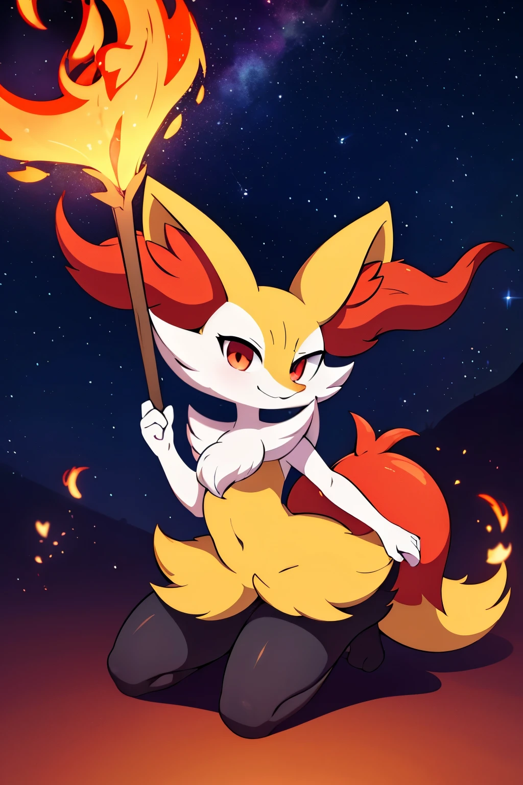 real e621, photorealistic, masterpiece, Braixen_(pokemon), looking at viewer, sharp red eyes, full body portrait, sweet smile, humanoid furry body, sexy, sexy pose, full body, female charm, smiling, nigh sky, brilliant stars night field as background, magic stick on right hand, conjuring fire magic, smug